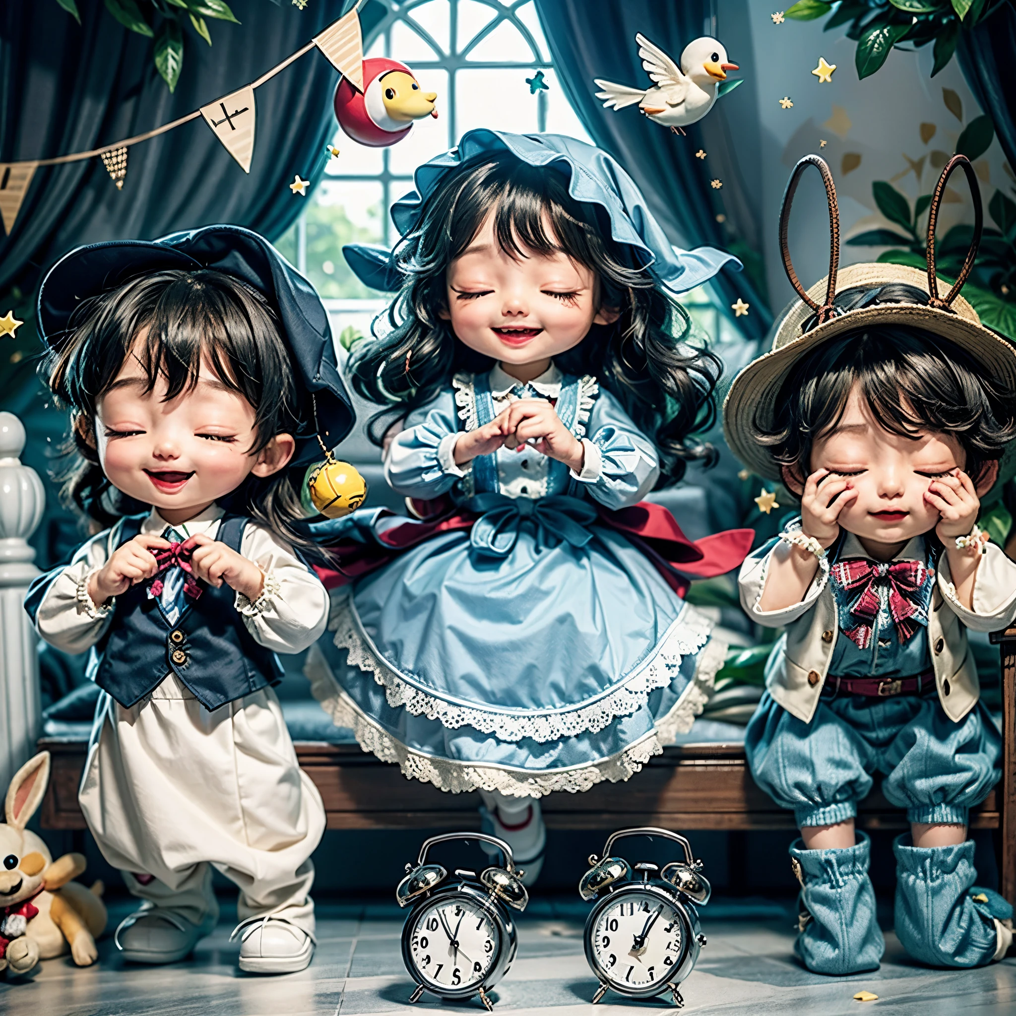 The style is that of a fairy tale illustration,At 7:00, I wake the kids up,It's so cute how they wake up, slowly rubbing their eyes,