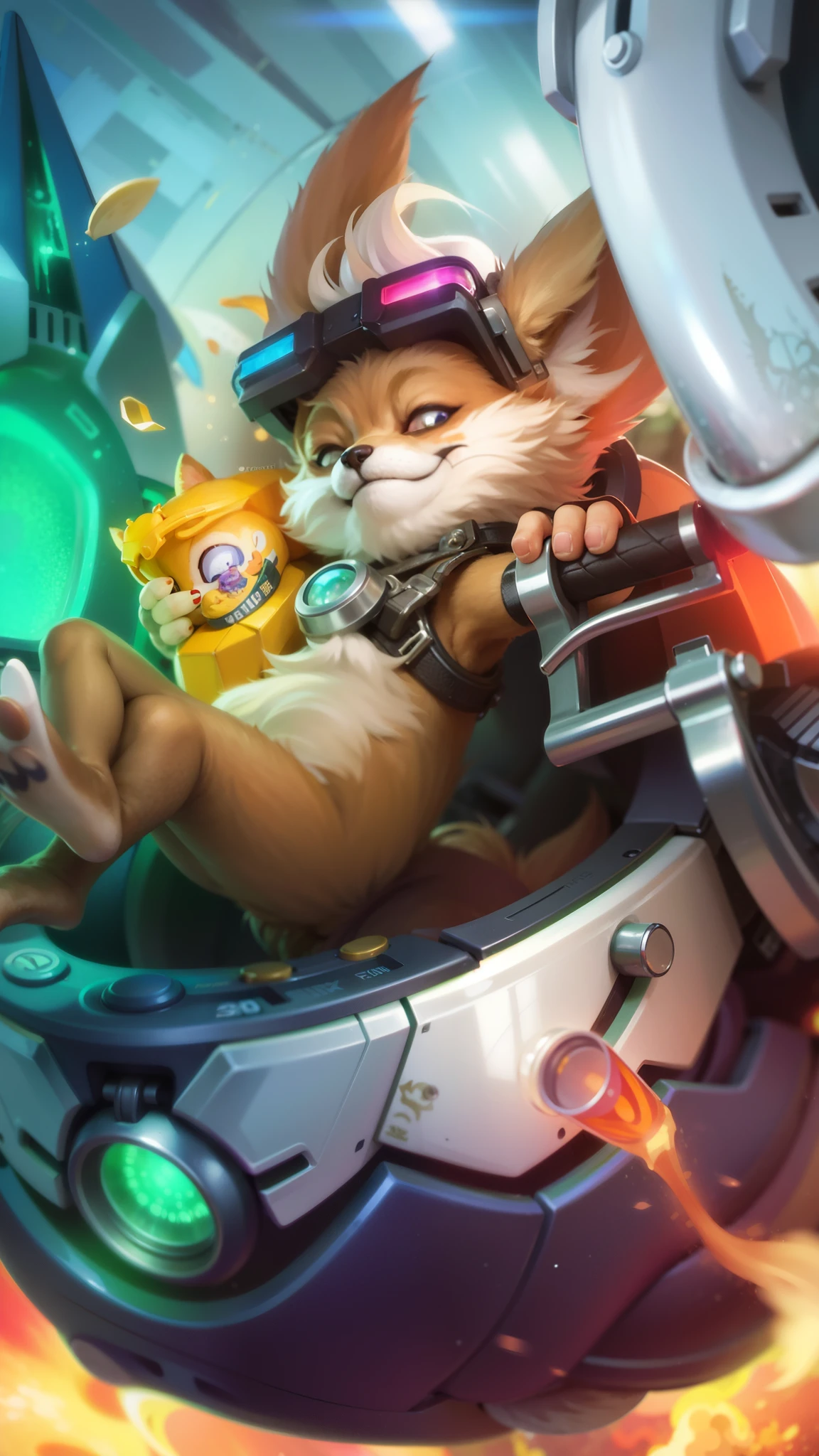 a close up of a Fox in a helmet riding a motorcycle, teemo, splash art, league of legends splashart, teemo from league of legends, league of legends splash art, furry fantasy art, furry paw pov art, cat summons a spaceship, inspired by Jules Chéret, a portrait of junkrat, anthro paw pov art, holding snacks in hand