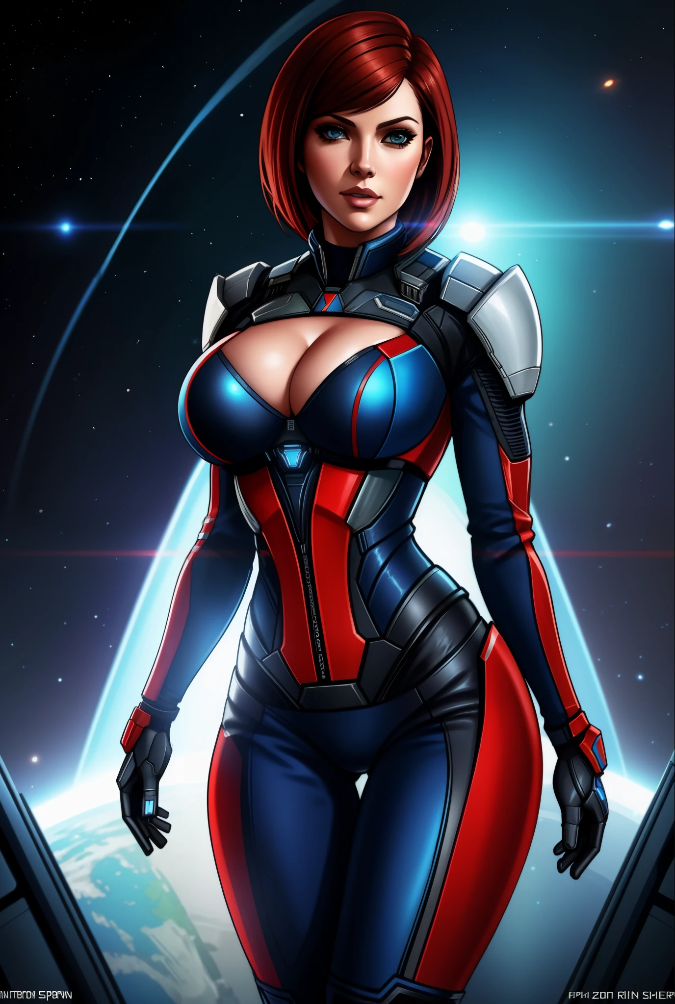 mass effect, femshep, cleavage. hips, sexy, wearing space armour