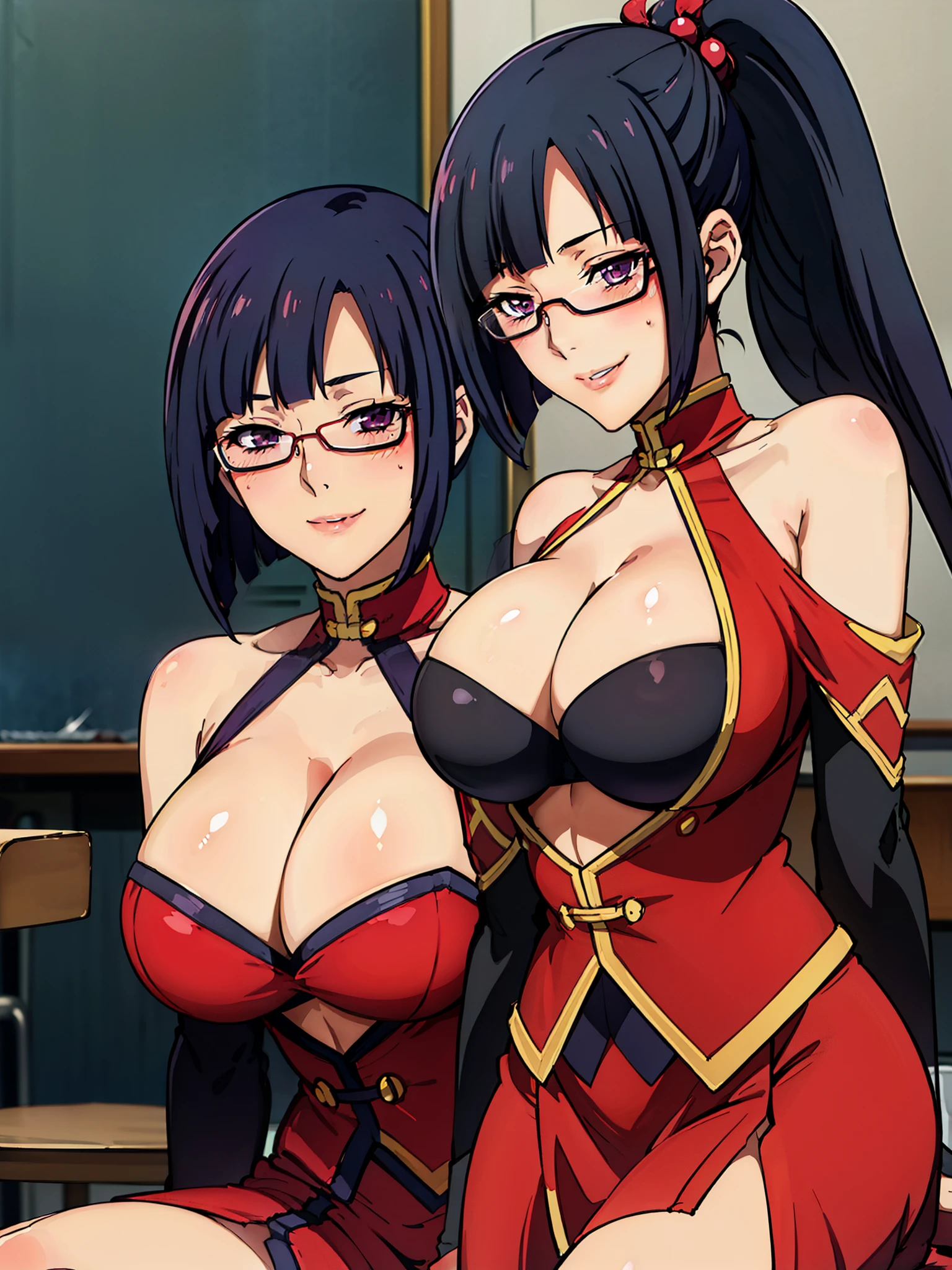 sitting at chair, clasroom background, (potrait body), Red dress, chinese clothes, cleavage cutout, clothing cutout, bare shoulders, semi-rimless eyewear, black hair, very long hair, ponytail,Bangs,purple eyes, litchi faye ling, takeda hiromitsu style, anime cels style, best quality, high resolution, (huge breasts:1.3), cowboy shot, blush, smiling