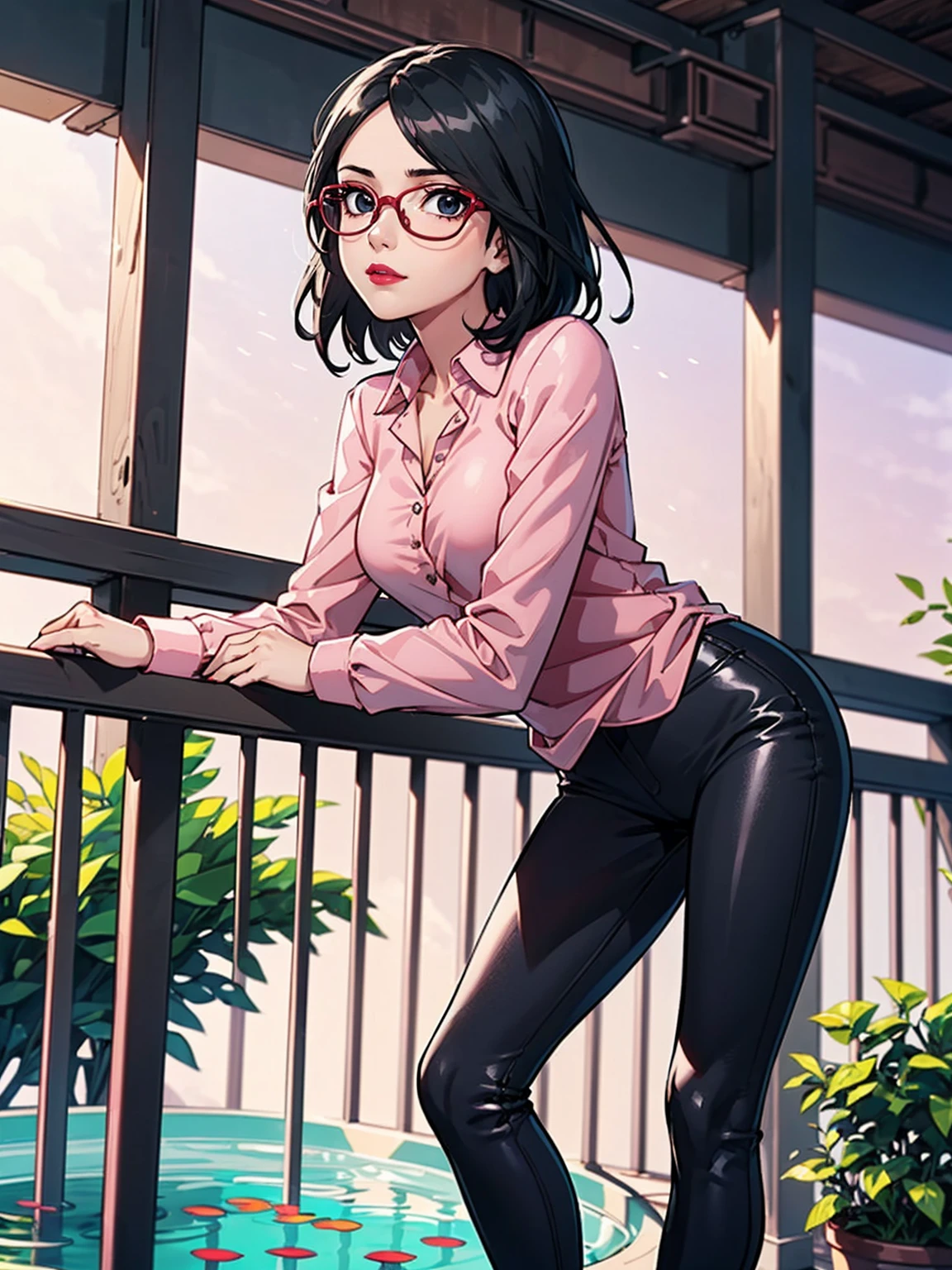 (1girl, solo, alone), (WakatsukiRisa, Sarada Uchiha, black hair, short hair, black eyes, red glasses), ((solo, (1woman, pink lipstick, (small breasts), black eyes), Extremely detailed, ambient soft lighting, 4k, perfect eyes, a perfect face, perfect lighting, a 1girl)), austere, ((black leather pants, (high heels, ((wool blouse, wool pink blouse, long sleeve blouse, pink wool blouse))), black leggings, leather pants, black pants, tight clothes, shiny leather, leather, leathery, farm, balcony, leaning on a balcony, leaning on the railing, leaning on the railing on a balcony, looking to the left, side perspective, admiring the landscape, farm background, pond))