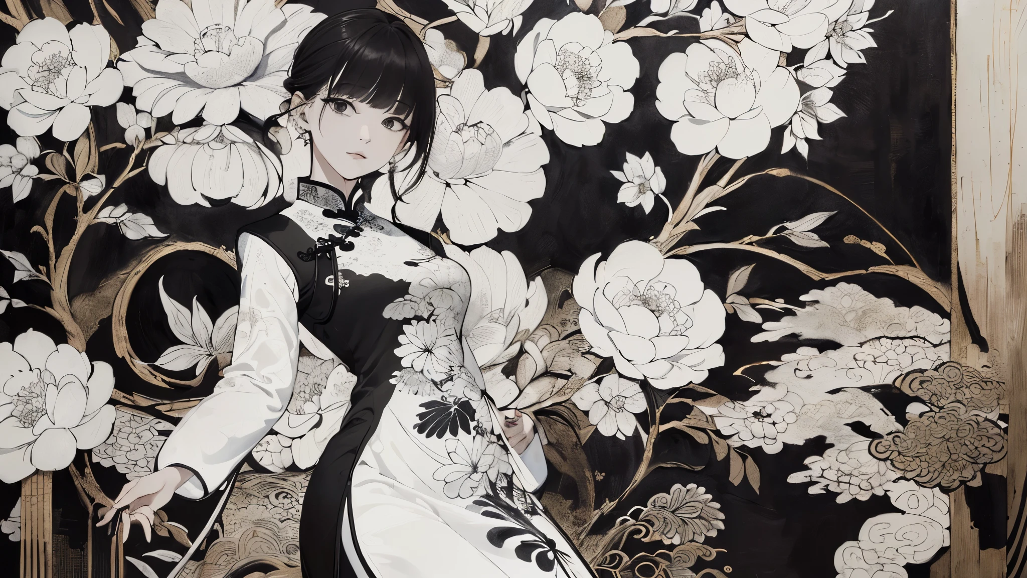 ((8K,masterpiece、de primera calidad))、((pintura tradicional china en tinta:1.4)),lotos,((vestido qipao:1.3)),vestirse conservadoramente ,solo、pelo blanco、oreja de zorro、blanca,mirando al espectador