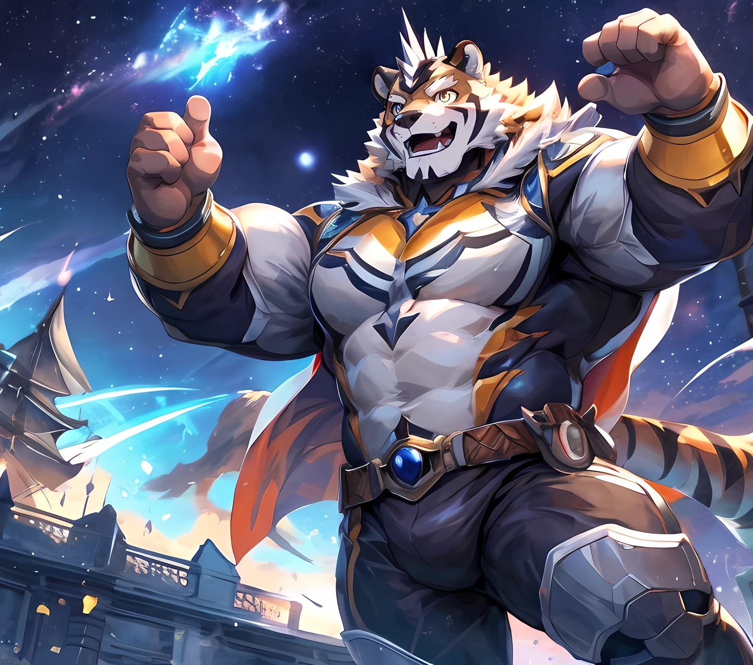 masterpiece,high quality,anime,detailed eyes,furry male White Tiger, Ryekie, Great physique,strong arms manly, flying ship, sit on Upper Tower, Heroes suit, (Night), Shimmering Stars, Joyful, by null-ghost,by pino daeni