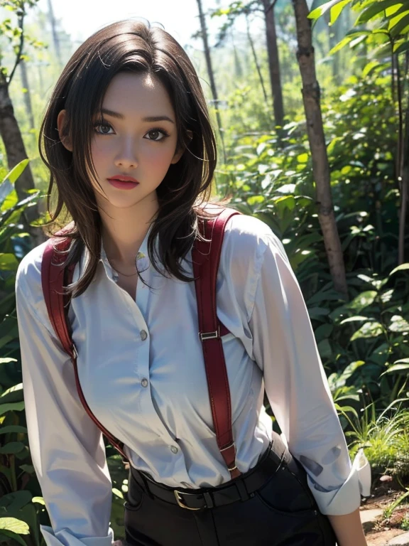 (best quality, 8k, highres, photorealistic:2.0), (solo, one girl:2.0),(lighting: front),(lighting: strong),(ultimate beautiful girl:2.0),(shiny skin),(oily skin),(blonde hair:1.5),(very long hair:1.5),(beauty:2.0),Blush brown makeup , dark eye makeup , use pink glossy lipstick,(big beady eyes girl:1.5),(droopy-eyed girl:1.5),(thin girl:1.5),(baby face girl),(sex appeal:1.7),(sweet smelling girl),(Photographed on a hiking trail in the forest:1.8),(brook babbling),(A place with very clean air),(she works for low wages:1.5),(she has a nice smile),(she is very sociable),(from a very poor family:1.5),(virgin girl),(She is a secret pervert.),(she covertly lewd),(she looks so erotic),(Preserve virginity for devout Christians),chuuChloe,(A woman who enjoys fashion:1.5),(like mode fashion:1.3),(Secretly masturbating and climaxing violently),(Wearing a camisole)