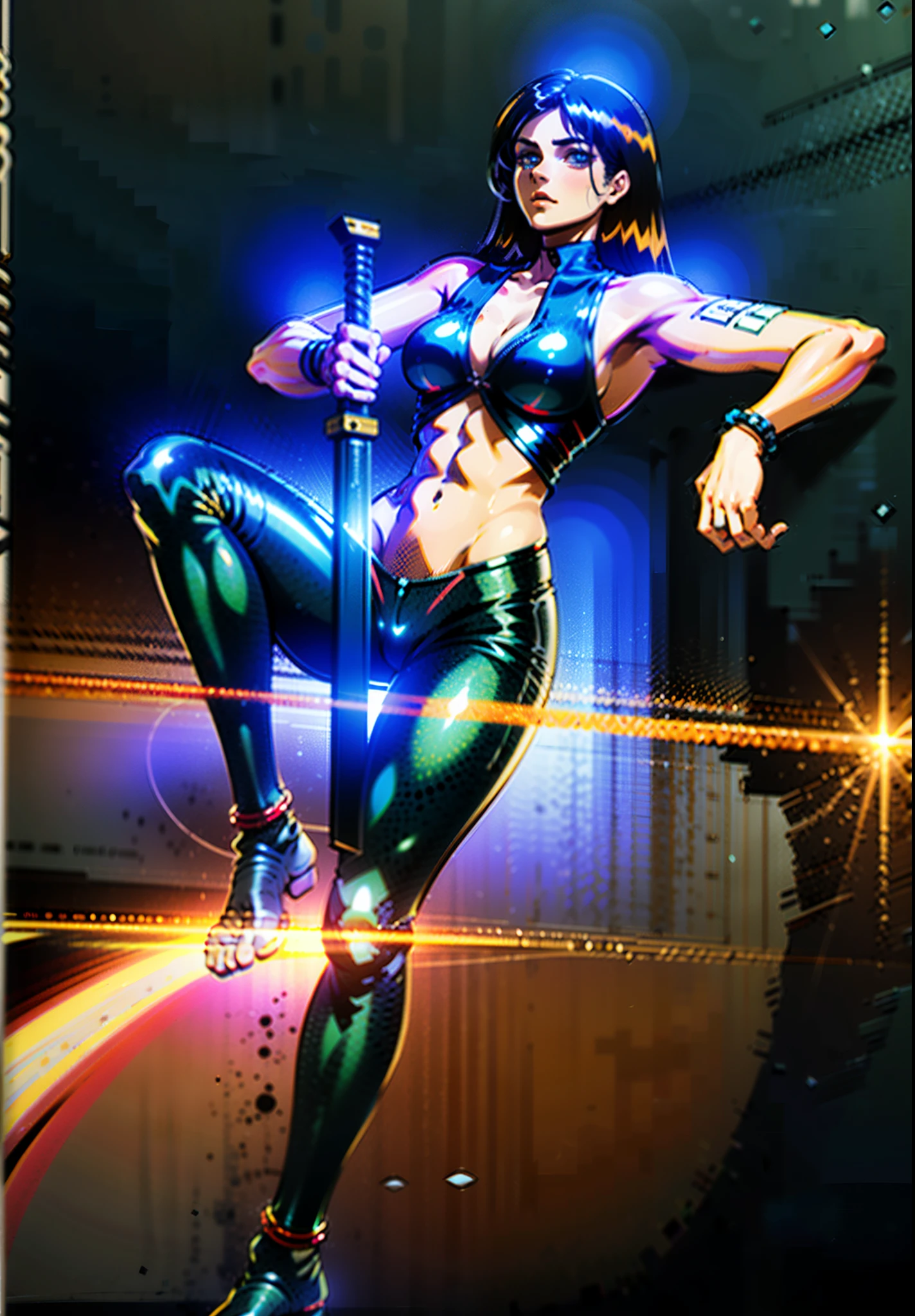 A beautiful woman with long shiny black hair, choppy bangs, a delicate face, a cold proud gaze, a fit figure, a fantasy-style high-necked leather breastplate top, sleeveless, exposes her waist, a bracelet adorns her wrist, tight-fitting leather pants, her right hand holds a longsword with a blue scabbard, she lounges casually sitting, this character embodies a finely crafted fantasy-style bounty hunter in anime style, exquisite and mature manga art style, (Alexandra Daddario:1.2), high definition, best quality, highres, ultra-detailed, ultra-fine painting, extremely delicate, professional, anatomically correct, symmetrical face, extremely detailed eyes and face, high quality eyes, creativity, RAW photo, UHD, 32k, Natural light, cinematic lighting, masterpiece-anatomy-perfect, masterpiece:1.5