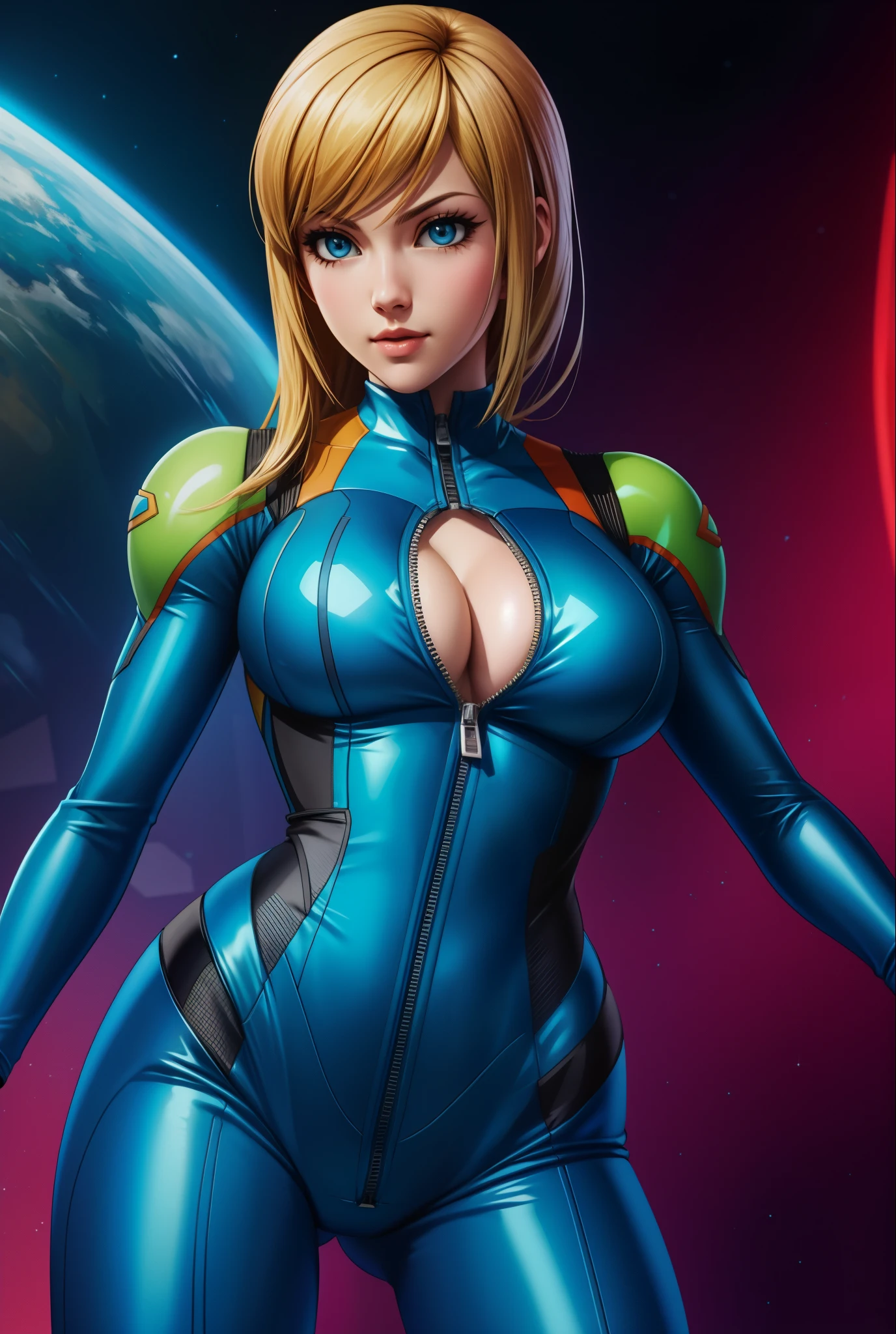 Samus Aran wearing Zero  Suit, unzipped bodysuit, cleavage