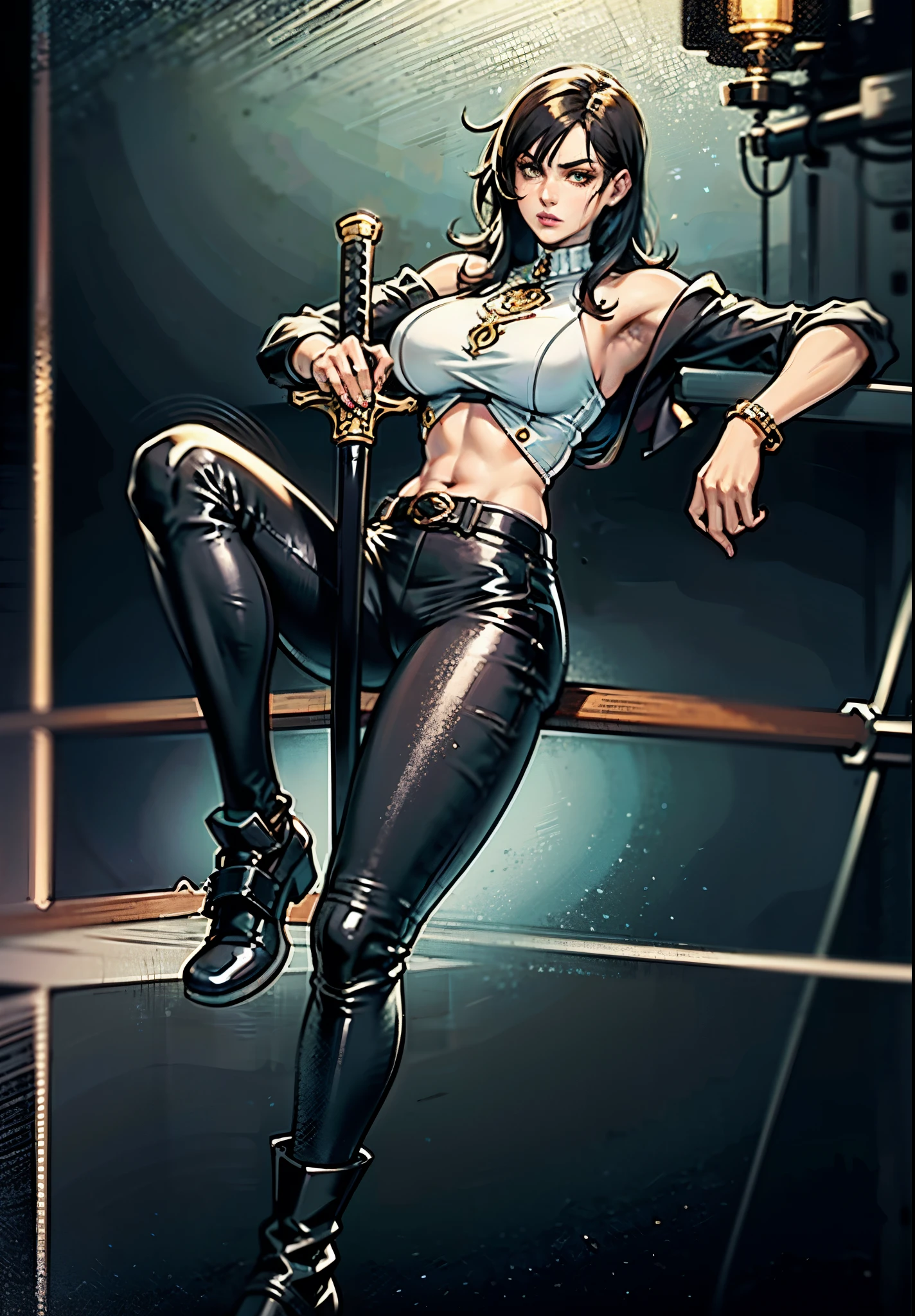 A beautiful woman with long shiny black hair, choppy bangs, a delicate face, a cold proud gaze, a fit figure, a fantasy-style high-necked leather breastplate top, sleeveless, exposes her waist, a bracelet adorns her wrist, tight-fitting leather pants, her right hand holds a longsword with a blue scabbard, she lounges casually sitting, this character embodies a finely crafted fantasy-style bounty hunter in anime style, exquisite and mature manga art style, (Alexandra Daddario:1.2), high definition, best quality, highres, ultra-detailed, ultra-fine painting, extremely delicate, professional, anatomically correct, symmetrical face, extremely detailed eyes and face, high quality eyes, creativity, RAW photo, UHD, 32k, Natural light, cinematic lighting, masterpiece-anatomy-perfect, masterpiece:1.5