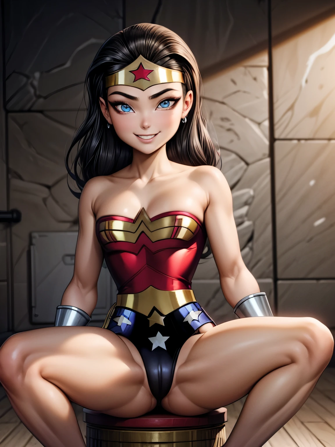 (Melhor qualidade, high resolution, obra de arte :1.3), Textura altamente detalhada do rosto e da pele, olhos detalhados, Double eyelid, wonder woman,dc,alternate hairstyle,black hair,blue eyes,looking at viewer,muscular female,shiny skin,smile,spread legs,thong,topless