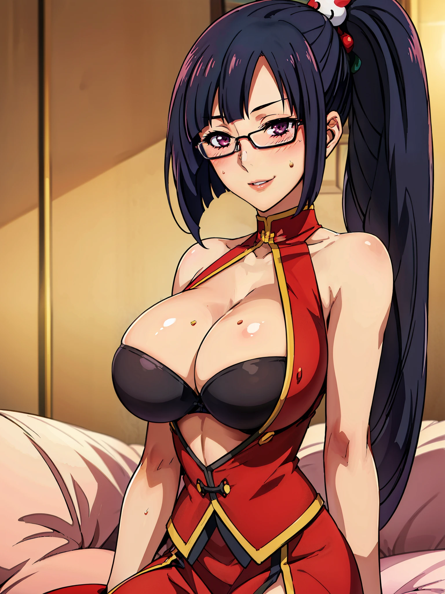sitting at sofa, bedroom background, (potrait body) lipstick, Red dress, chinese clothes, cleavage cutout, clothing cutout, bare shoulders, semi-rimless eyewear, black hair, very long hair, ponytail,Bangs,purple eyes, litchi faye ling, (solo), takeda hiromitsu style, anime cels style, best quality, high resolution, (huge breasts:1.3), cowboy shot, blush, light smile