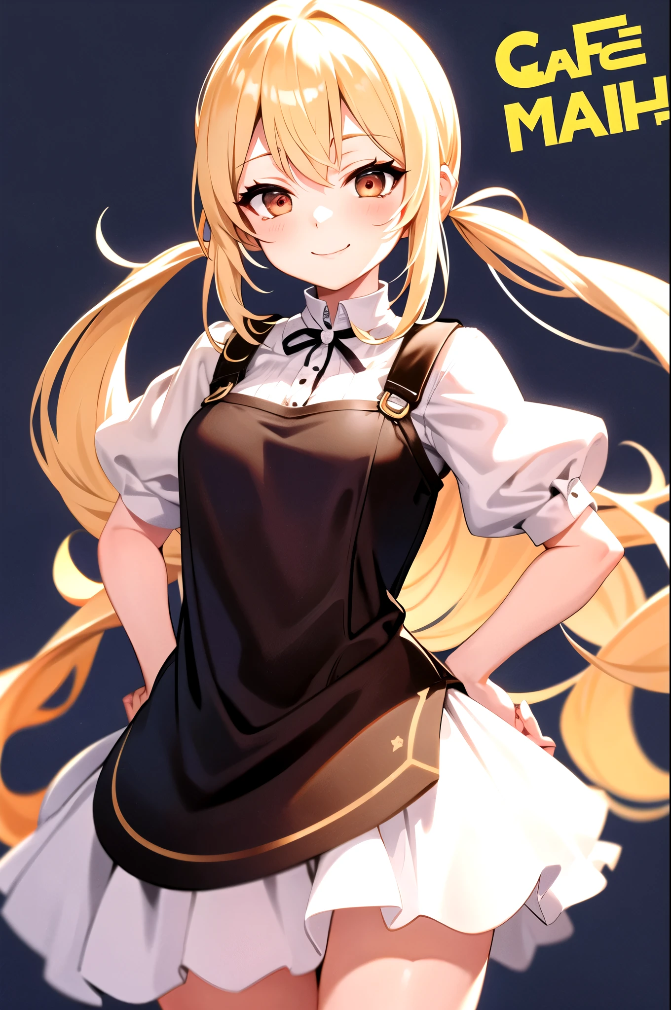 smile, Cafe , blonde , long hair , half twin tail , looking at the viewer, cowboy shot,  Are standing,  1 girl, upright , No pose ,simple background , take no pose