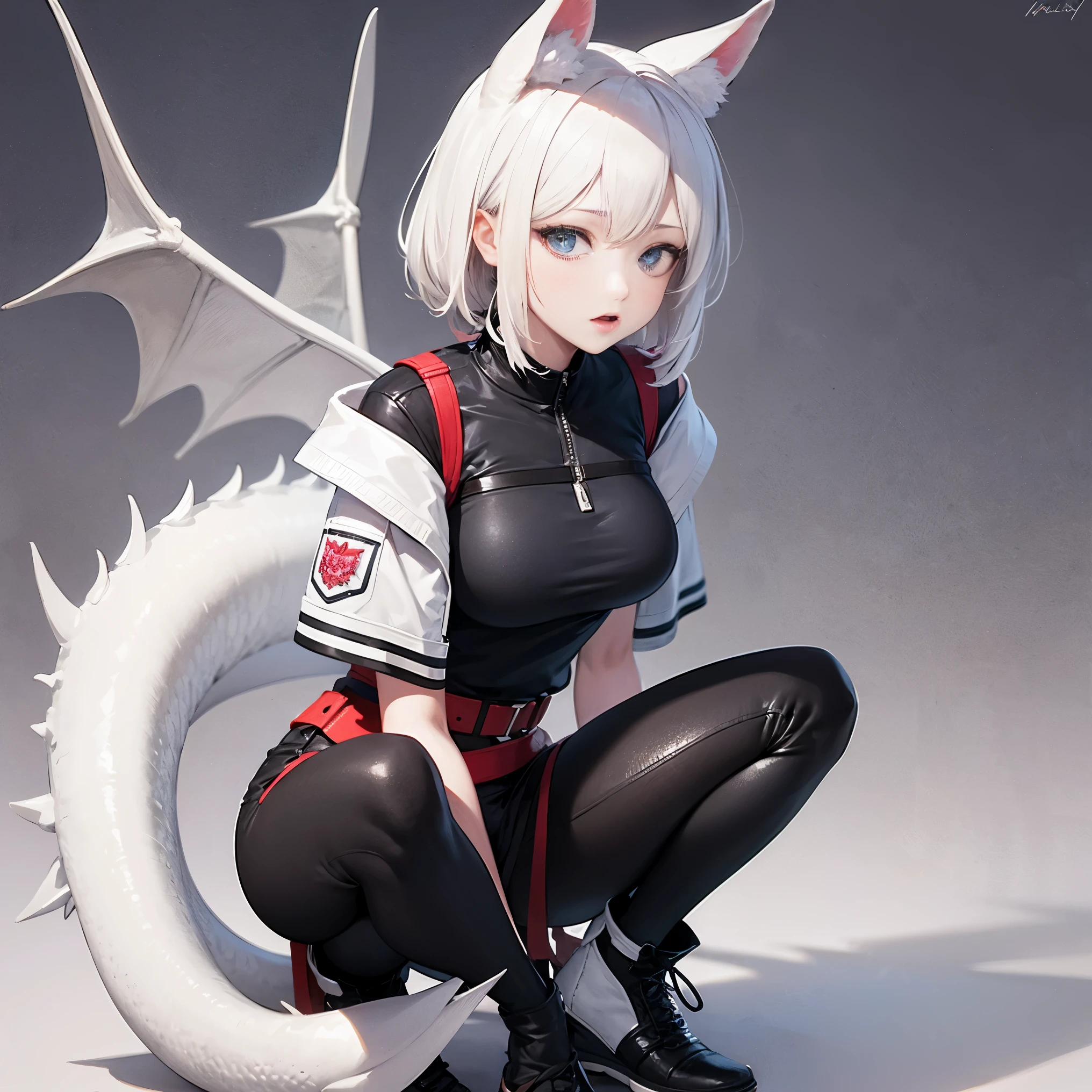 masterpiece, 8k resolution, high quality, high resolution, best quality, extremally detailed, best resolution, absurd resolution, ray tracing, high detailed, extremely detailed,detailed face, shoulder length white hair, female, 2 white fox ears with black tips, teenage girl, slime body, white scaled dragon tail, military boots,black leggings, military combat pants, black T-shirt, white jacket open, medium size chest, detailed blue eyes,solo female,1 dragon tail, tomboyish, thick dragon tail, white scales, 2 dragon wings, white fluffy dragon wings, detailed face,very detailed, amazing details,solo female, 1 female, detailed 2 white furry dragon wings, 2 scaly dragon legs