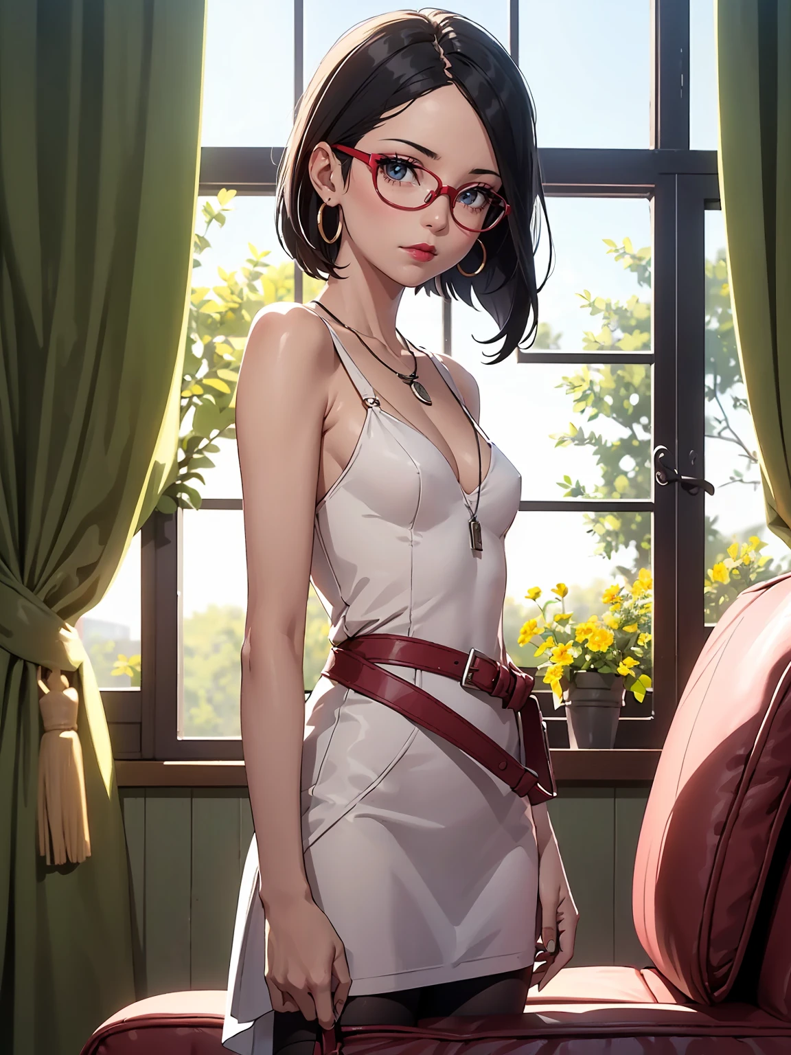 (1girl, solo, alone), (WakatsukiRisa, Sarada Uchiha, black hair, short hair, black eyes, red glasses), ((solo, (1woman, pink lipstick, (small breasts)), Extremely detailed, ambient soft lighting, 4k, perfect eyes, a perfect face, perfect lighting, a 1girl)), austere, (1woman, solo, alone, woman, pink lipstick, wrist watch, wedding ring, hoop earrings, pendant necklace, ((white dress, ((sheath derss)), short dress), light green belt, black tights),(arrogant), majestic posture, majestic weight), ((solo, (1woman, pink lipstick, seen from the front), Extremely detailed, ambient soft lighting, 4k, perfect eyes, a perfect face, perfect lighting, a 1girl)), ((standing, living room, decorated room, large window, flower garden, (facing the viewer), tree-lined garden))