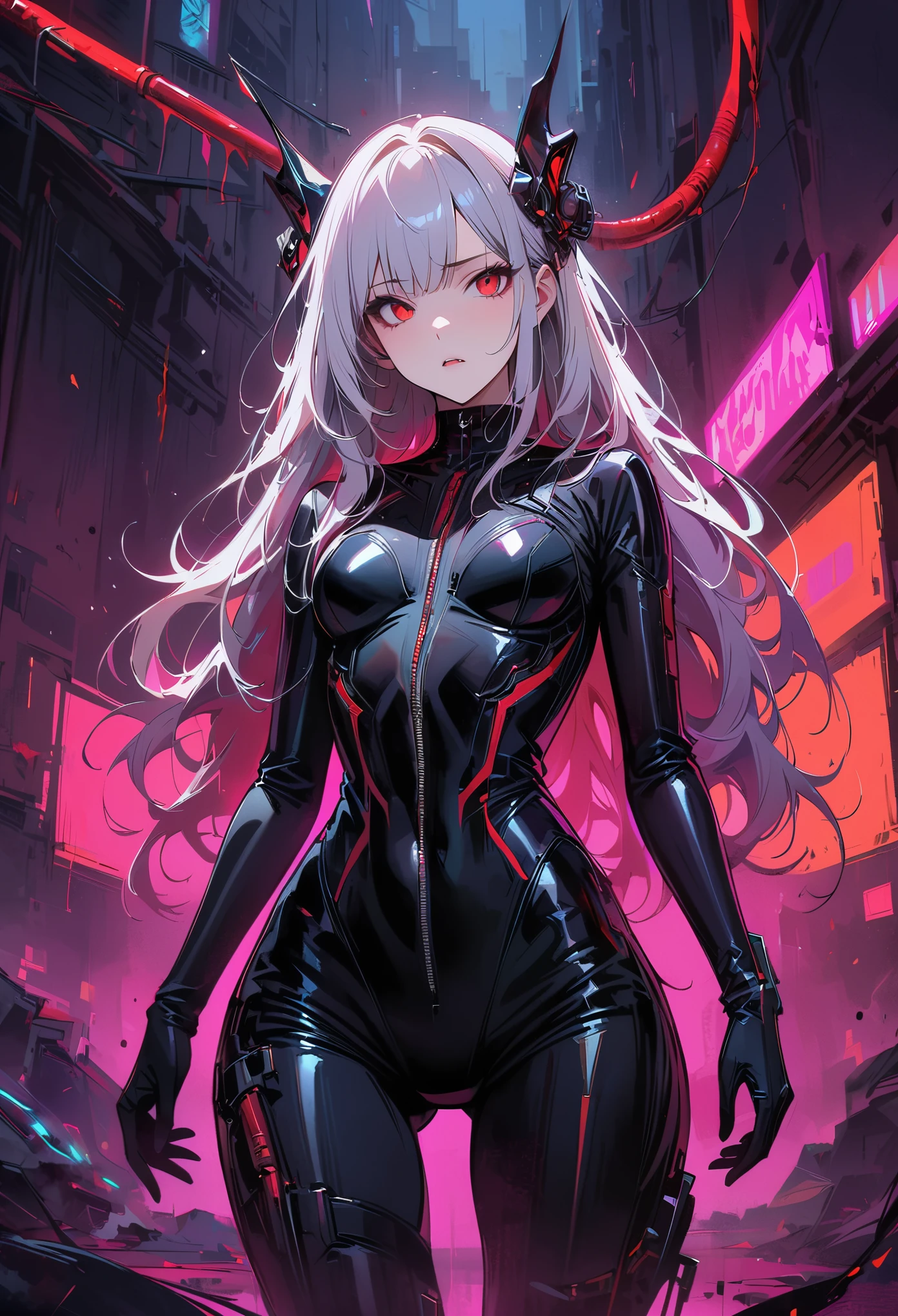 masterpiece, best quality, 8K, Digital painting, 1 girl, solo, stand up, youth, White hair, long white hair, hair accessories, red eyes, round pupils, Emotionless expression, blood stains, Mechanical Parts, electric wire, cable, failure effect, horrifying, science fiction, futuristic, Dark inside the background, neon lights, cyberpunk characters, Surreal, weird, Disturbing, spine-chilling, horrifying, jumpsuit,Red eyes,Venom Possession,blackened,Long black gloves,One-piece Pants,tight latex bodysuit,Highlight her graceful figure,wrap the whole body,symbiont,((Raised sexy)),jumpsuit,Red eyes,Venom Possession,blackened,Long black gloves,One-piece Pants,Black latex clothing,Blood-red eyes,best quality, High resolution, Super detailed, Vivid textures, mask, tight latex bodysuit, Bangs,purple hair, blue eyes