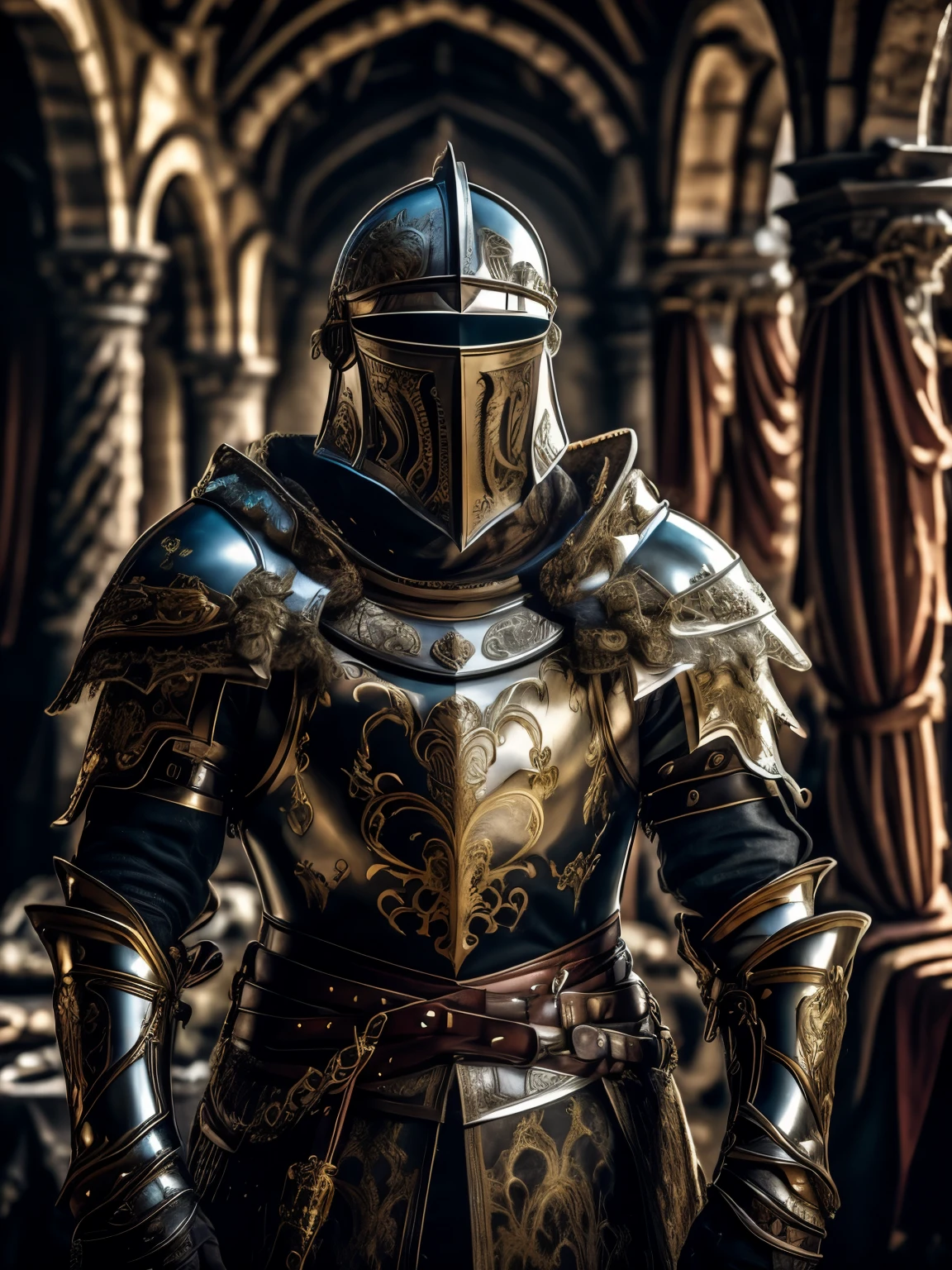 Masterpiece, cinematic landscape, best quality, baroque, realistic, , man, white Roman medieval armor, worn armor, upper body, looking at the viewer, in the king's room inside a castle