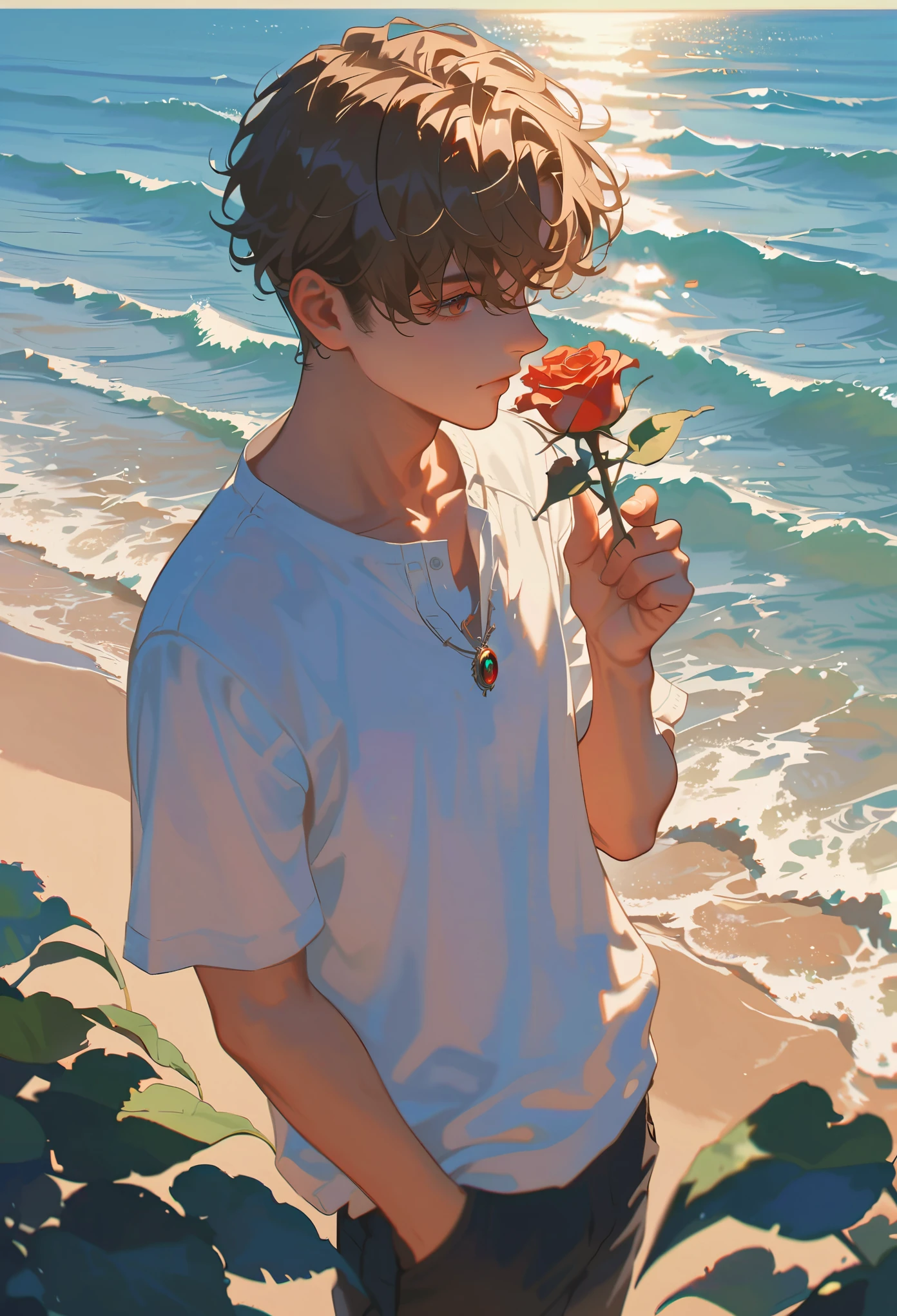 Style 9，1 boy，sea，Sunlight，whole body，holding a rose in hand，profile，casual wear，Vision