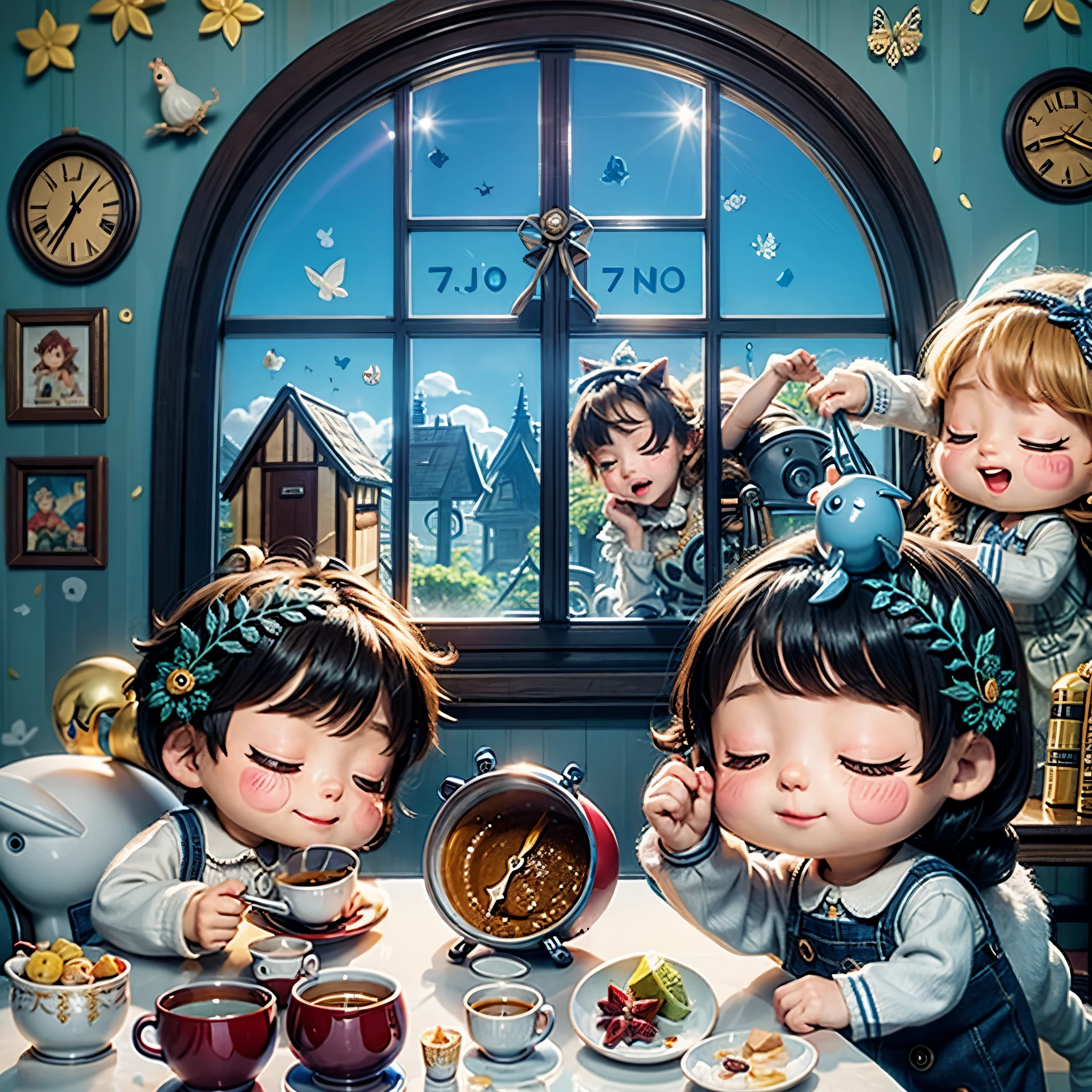 The style is that of a fairy tale illustration,At 7:00, I wake the kids up,It's so cute how they wake up, slowly rubbing their eyes,