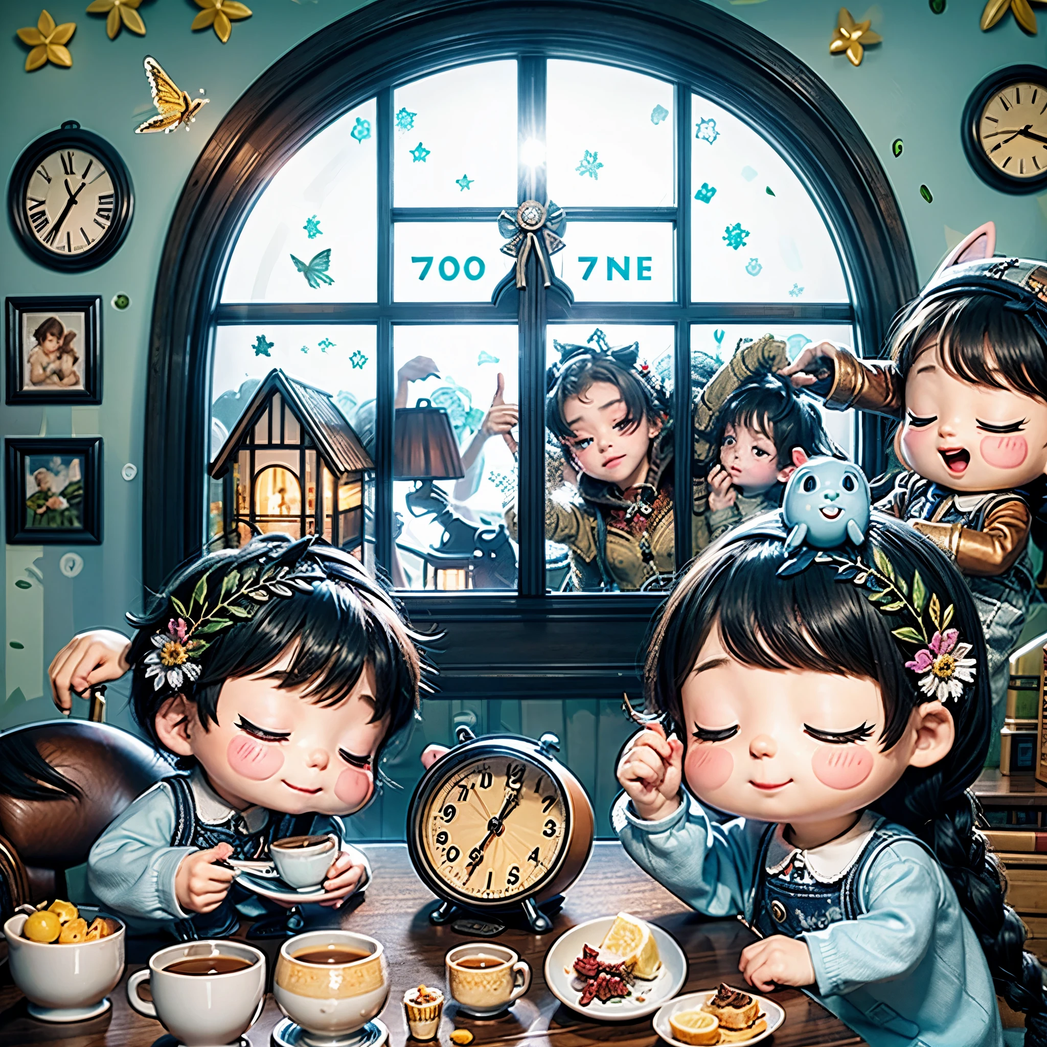 The style is that of a fairy tale illustration,At 7:00, I wake the kids up,It's so cute how they wake up, slowly rubbing their eyes,