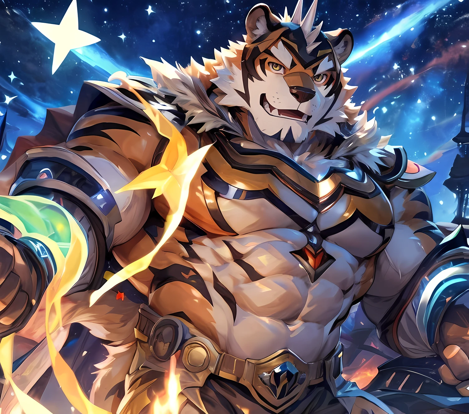 masterpiece,high quality,anime,detailed eyes,furry male White Tiger, Ryekie, Great physique,strong arms manly, flying ship, sit on Upper Tower, Heroes suit, (Night), Shimmering Stars, Surrounded by colorful stars, Joyful, by null-ghost,by pino daeni