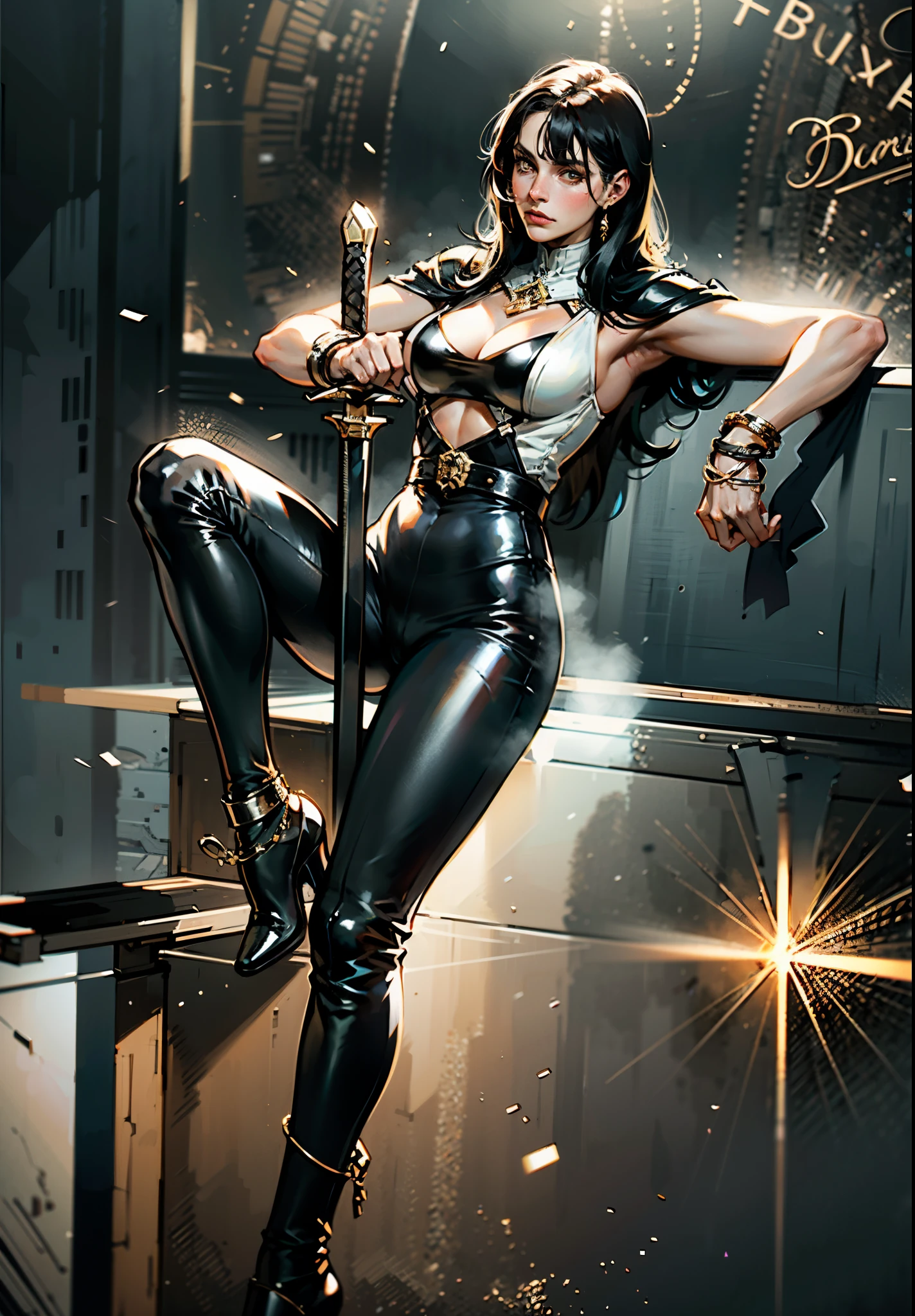 A beautiful woman with long shiny black hair, choppy bangs, a delicate face, a cold proud gaze, a fit figure, a fantasy-style high-necked leather breastplate top, sleeveless, exposes her waist, a bracelet adorns her wrist, tight-fitting leather pants, her right hand holds a longsword with a blue scabbard, she lounges casually sitting, this character embodies a finely crafted fantasy-style bounty hunter in anime style, exquisite and mature manga art style, (Alexandra Daddario:1.2), high definition, best quality, highres, ultra-detailed, ultra-fine painting, extremely delicate, professional, anatomically correct, symmetrical face, extremely detailed eyes and face, high quality eyes, creativity, RAW photo, UHD, 32k, Natural light, cinematic lighting, masterpiece-anatomy-perfect, masterpiece:1.5