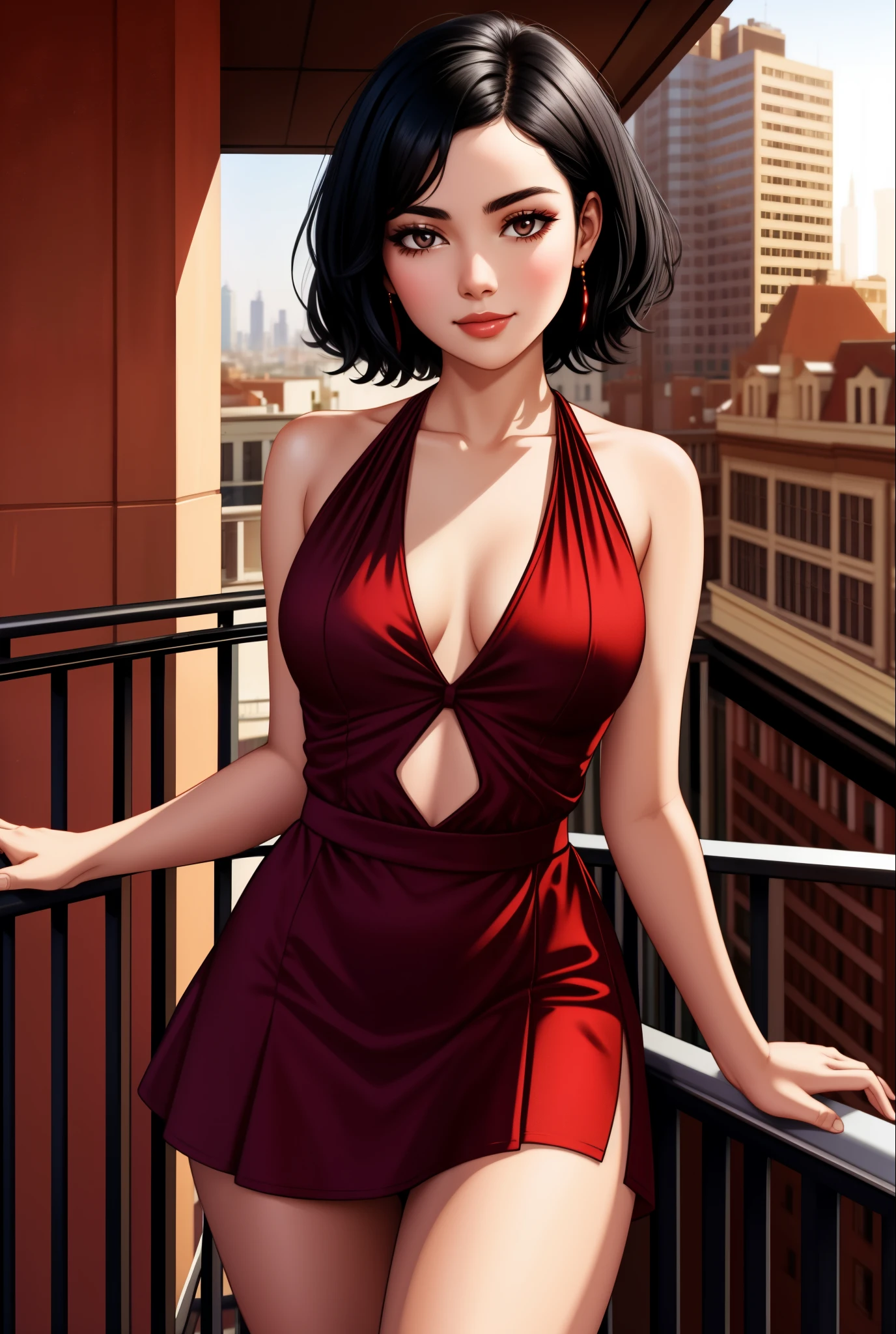 black haired woman in a short red dress, leaning against a balcony railing, overlooking a city