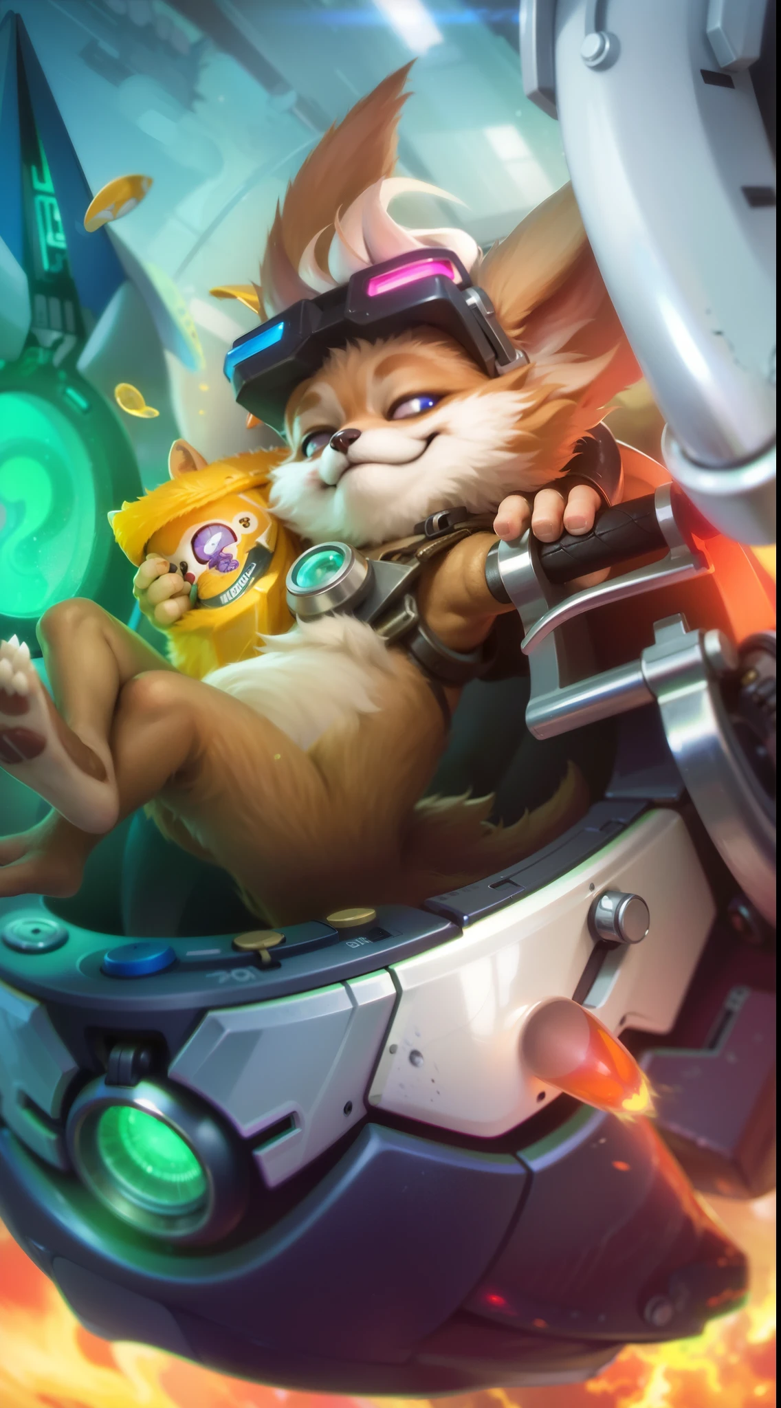 a close up of a Fox in a helmet riding a motorcycle, teemo, splash art, league of legends splashart, teemo from league of legends, league of legends splash art, furry fantasy art, furry paw pov art, cat summons a spaceship, inspired by Jules Chéret, a portrait of junkrat, anthro paw pov art, holding snacks in hand