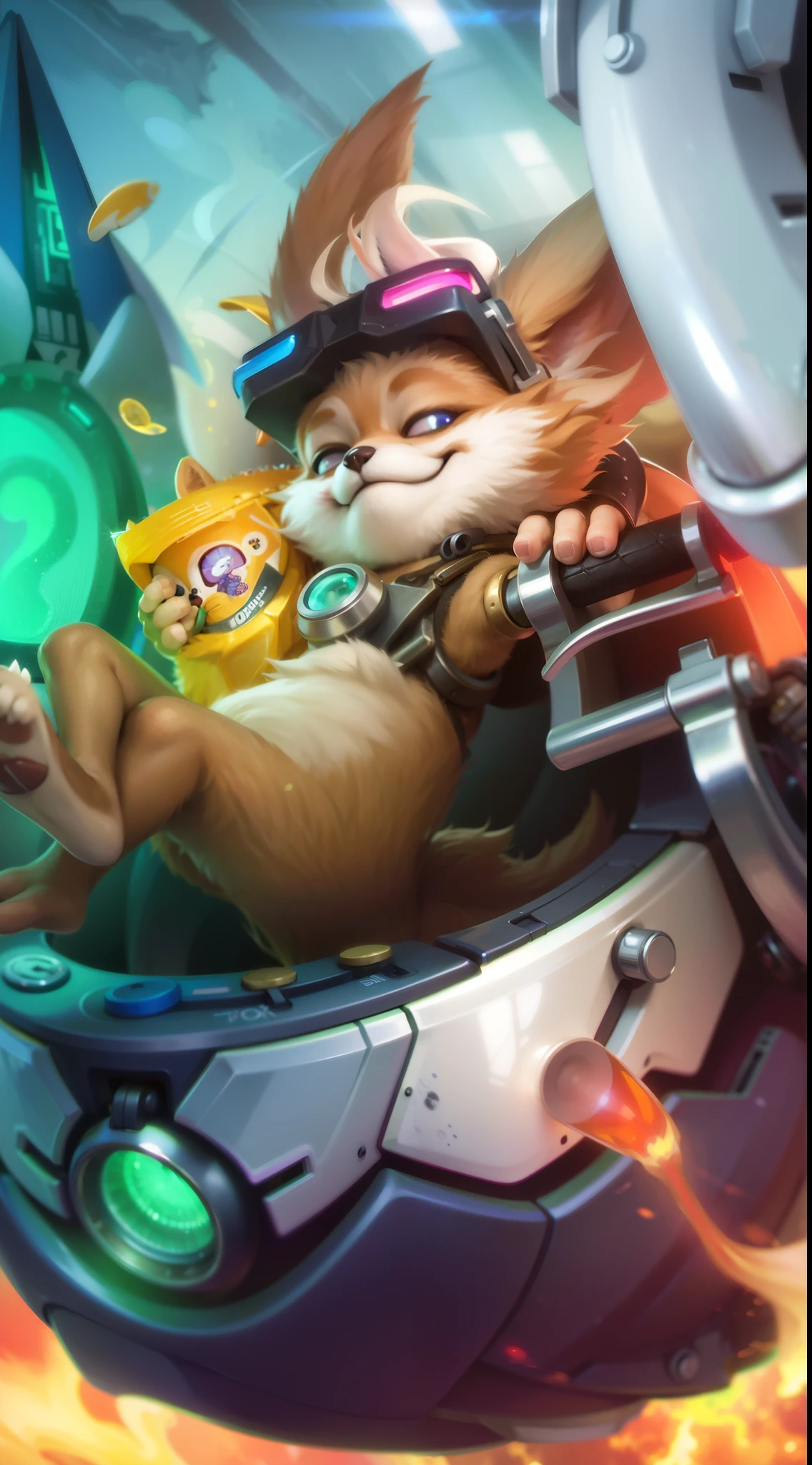 a close up of a Fox in a helmet riding a motorcycle, teemo, splash art, league of legends splashart, teemo from league of legends, league of legends splash art, furry fantasy art, furry paw pov art, cat summons a spaceship, inspired by Jules Chéret, a portrait of junkrat, anthro paw pov art, holding snacks in hand