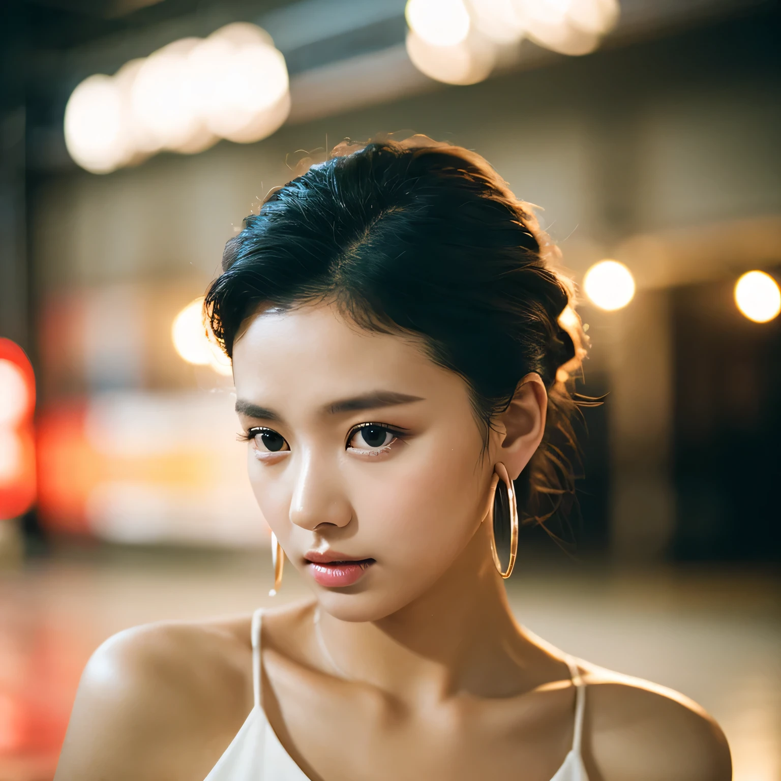 masterpiece, highest quality, alone, 1 girl, glowing skin, hoop earrings, glamorous, quirky details, slicked hair, fascinating, bare shoulders, crop top, long pants, shallow depth of field, contrasting, Professional models, facing the front, portrait 