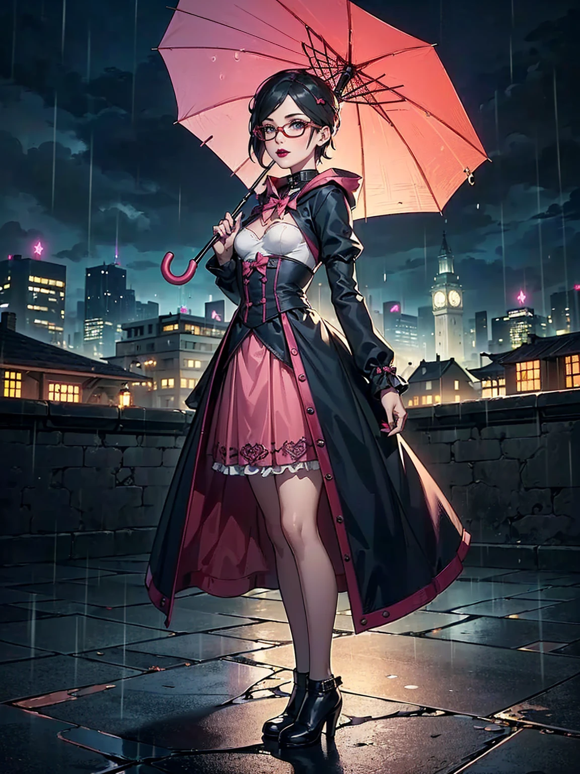 (1girl, solo, alone), (WakatsukiRisa, Sarada Uchiha, black hair, short hair, black eyes, red glasses), ((solo, (1woman, pink lipstick, (small breasts)), Extremely detailed, ambient soft lighting, 4k, perfect eyes, a perfect face, perfect lighting, a 1girl)), austere,  ((Delicately portrayed hands, masterpieces, extremely detailed depiction, extremely delicate picture, 1girl, ((umbrella), (delicate umbrella, holding an umbrella), (princess dress), ((Crinoline skirt)), bow on head, gothic style, waist seal, gothic style, big skirt, cute, beautiful girl, lantern, puff sleeves, puffy skirt, full body, functional wind coat, steampunk, background (gothic architecture, rain, gloomy sky, tower, city vista)))
