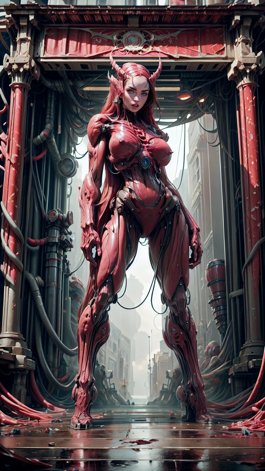 Cinematic, clear facial features and insanely detailed, the image captures the essence of (1 girl), (megan fox:1.25), (long red hair), (carnage skinless physique:1.25), (1 super muscular undead skinless succubus with gigantic horns:1.25), (covered in red necrotic rotting skinless muscle:1.25), (exposed muscles & veins everywhere:1.25), (perfect fingers:1.25) (full body pose:1.25). The color grading is beautifully done, enhancing the overall cinematic feel. Unreal Engine makes her appearance even more mesmerizing. With depth of field (DOF), every detail is focused and accentuated, drawing attention to her eyes and hair. Peak image resolution utilizing super-resolution technology ensures pixel perfection. Cinematic lighting enhances her aura, while anti-aliasing techniques like FXAA and TXAA keep the edges smooth and clean. Adding realism to the muscular bio-mecha succubus , RTX technology enables ray tracing. Additionally, SSAO (Screen Space Ambient Occlusion) gives depth and realism to the scene, the girl's presence even more convincing. In the post-processing and post-production stages, tone mapping enhances the colors, creating a captivating visual experience. The integration of CGI (Computer-Generated Imagery) and VFX (Visual Effects brings out her demonic features seamlessly . Incredible level of detail, with intricate elements meticulously crafted, the artwork hyper maximalist and hyper-realistic. Volumetric effects add depth and dimension, with unparalleled photorealism. 8k resolution rendering ensures super detailed visuals. The volumetric lighting adds a touch of magic, highlighting her beauty and aura in an otherworldly way. High Dynamic Range (HDR) tech makes the colors pop, adding richness to the overall composition. Ultimately, this artwork presents an unreal, yet stunningly real portrayal of an incredibly beautiful bio-mecha succubus girl. The sharp focus ensures that every feature is crisply defined, creating a captivating presence. (girl face:1.45)