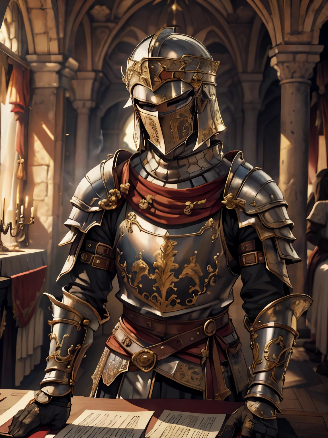 Masterpiece, cinematic landscape, best quality, baroque, realistic, , man, white Roman medieval armor, worn armor, upper body, looking at the viewer, in the king's room inside a castle