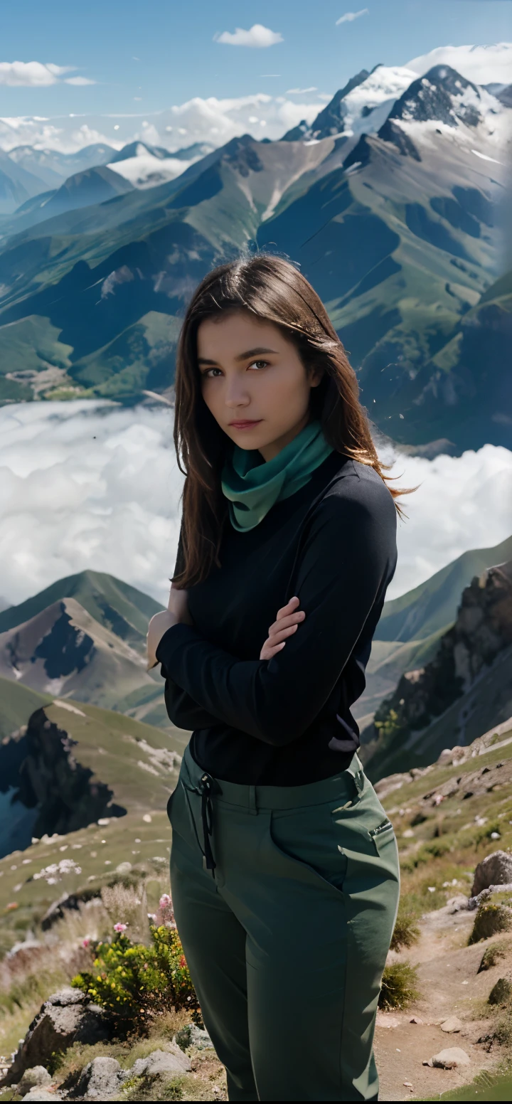 Girl is standing on a mountain peak, posing for the camera with a scenic backdrop of mountains and clouds. They are dressed in a black long-sleeve shirt, green pants, and blue sneakers, with a green scarf tied around their neck. The individual’s face is obscured for privacy. They are on rocky terrain with grass and small plants, and the background features towering mountains partially covered by white clouds against a clear blue sky.