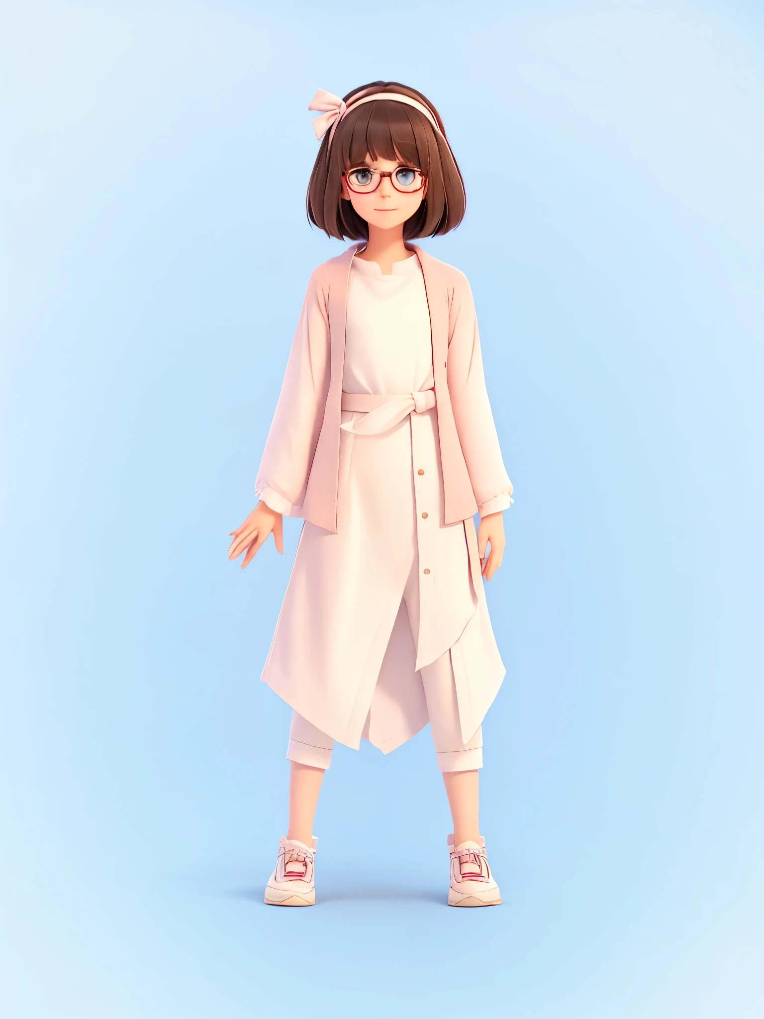  a cute young girl, soft smile, beautiful, lolita, flat chest, dark short hair with bangs, glasses, ribbon headband, tunic, high neck blouse, (long pants), shoes, shawl belt ariund her hips