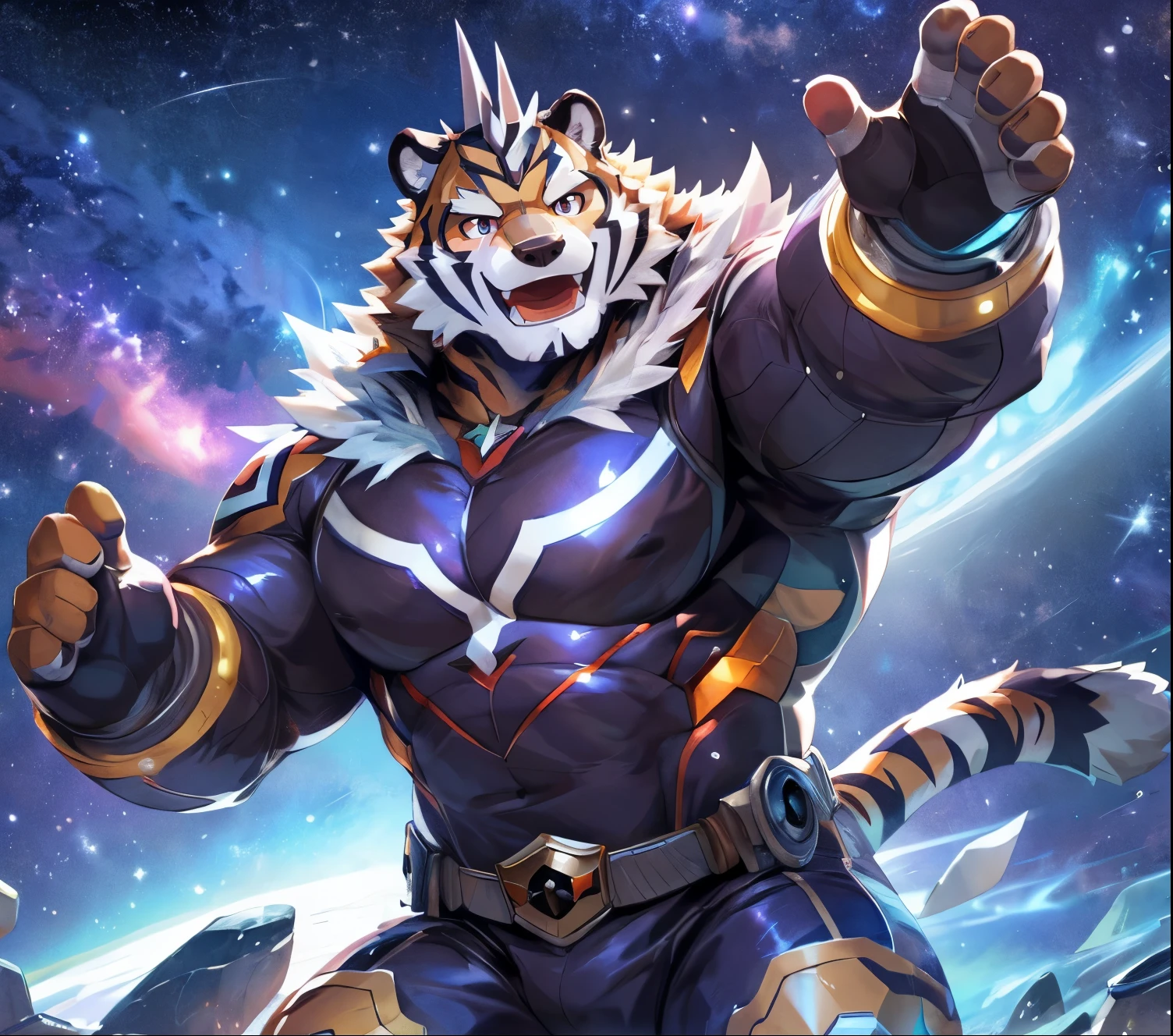 masterpiece,high quality,anime,detailed eyes,furry male White Tiger, Ryekie, Great physique,strong arms manly, in Outer space, sit on Planet, Heroes suit, (Night), Shimmering Stars, Surrounded by colorful stars, Joyful, by null-ghost,by pino daeni