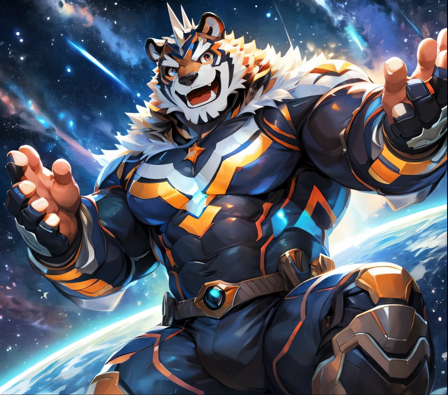 masterpiece,high quality,anime,detailed eyes,furry male White Tiger, Ryekie, Great physique,strong arms manly, in Outer space, sit on Planet, Heroes suit, (Night), Shimmering Stars, Surrounded by colorful stars, Joyful, by null-ghost,by pino daeni