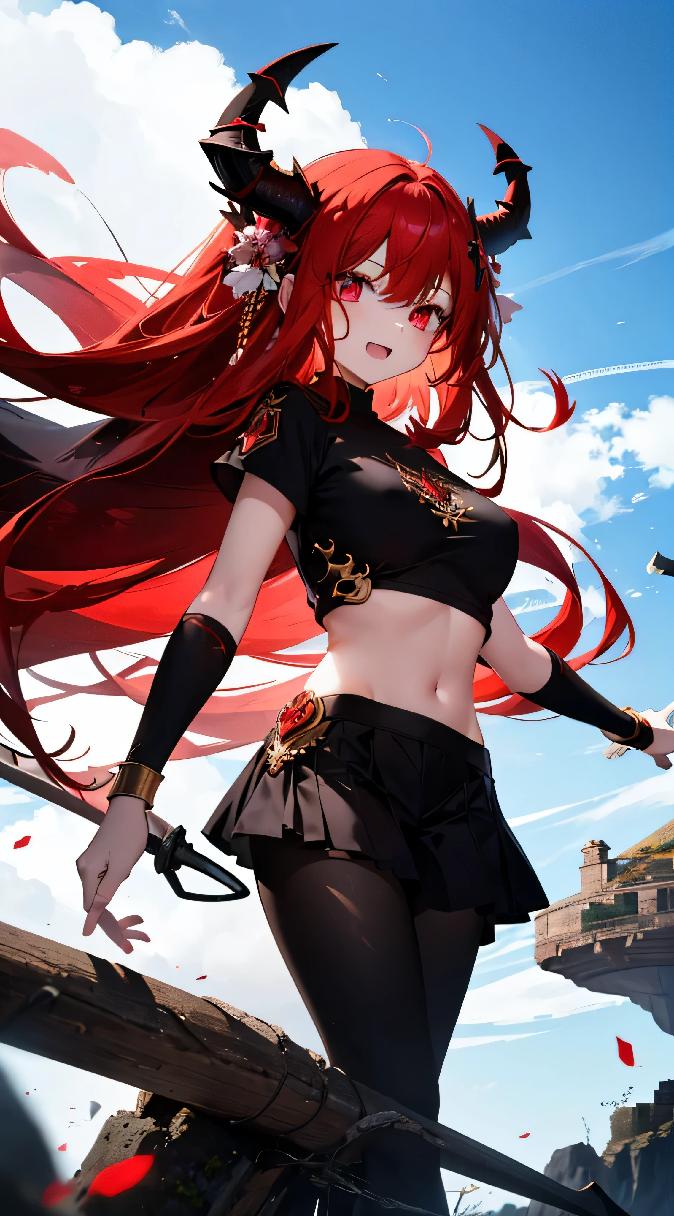 1girl, ( young girl, cute girl), slim body.medium breast, red hair.detailed beautiful eyes. Glowing eye. Bright red eyes, long hair, bangs, black flower hair ornament, white T - shirt, holding sword, top body.smile open mouth.dragon horns. Sharp teeth