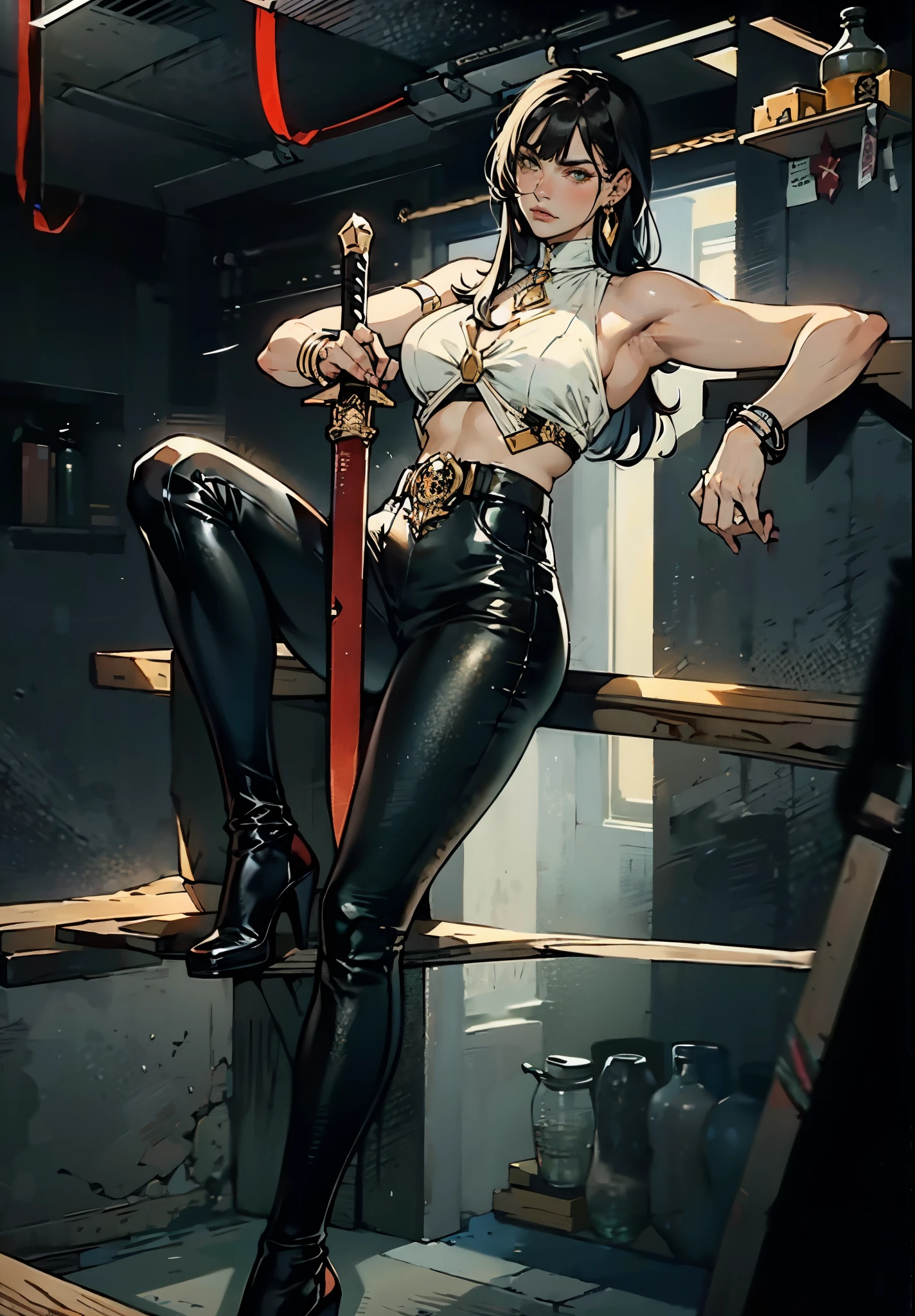 A beautiful woman with long shiny black hair, choppy bangs, a delicate face, a cold proud gaze, a fit figure, a fantasy-style high-necked leather breastplate top, sleeveless, exposes her waist, a bracelet adorns her wrist, tight-fitting leather pants, her right hand holds a longsword with a blue scabbard, she lounges casually sitting, this character embodies a finely crafted fantasy-style bounty hunter in anime style, exquisite and mature manga art style, (Alexandra Daddario:1.2), high definition, best quality, highres, ultra-detailed, ultra-fine painting, extremely delicate, professional, anatomically correct, symmetrical face, extremely detailed eyes and face, high quality eyes, creativity, RAW photo, UHD, 32k, Natural light, cinematic lighting, masterpiece-anatomy-perfect, masterpiece:1.5