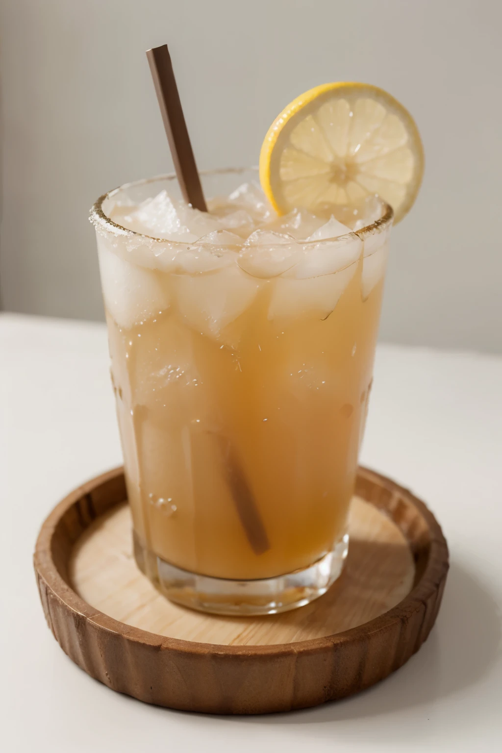 Create a real photo of a drink with light earthy tones in a single 16-ounce disposable plastic cup adorned with only a single lemon wedge on the rim without a straw and with a refreshing light white background
