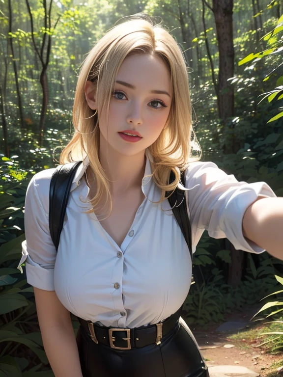 (best quality, 8k, highres, photorealistic:2.0), (solo, one girl:2.0),(lighting: front),(lighting: strong),(ultimate beautiful girl:2.0),(shiny skin),(oily skin),(blonde hair:1.5),(very long hair:1.5),(beauty:2.0),Blush brown makeup , dark eye makeup , use pink glossy lipstick,(big beady eyes girl:1.5),(droopy-eyed girl:1.5),(thin girl:1.5),(baby face girl),(sex appeal:1.7),(sweet smelling girl),(Photographed on a hiking trail in the forest:1.8),(brook babbling),(A place with very clean air),(she works for low wages:1.5),(she has a nice smile),(she is very sociable),(from a very poor family:1.5),(virgin girl),(She is a secret pervert.),(she covertly lewd),(she looks so erotic),(Preserve virginity for devout Christians),chuuChloe,(A woman who enjoys fashion:1.5),(like mode fashion:1.3),(Secretly masturbating and climaxing violently),(Wearing a camisole)