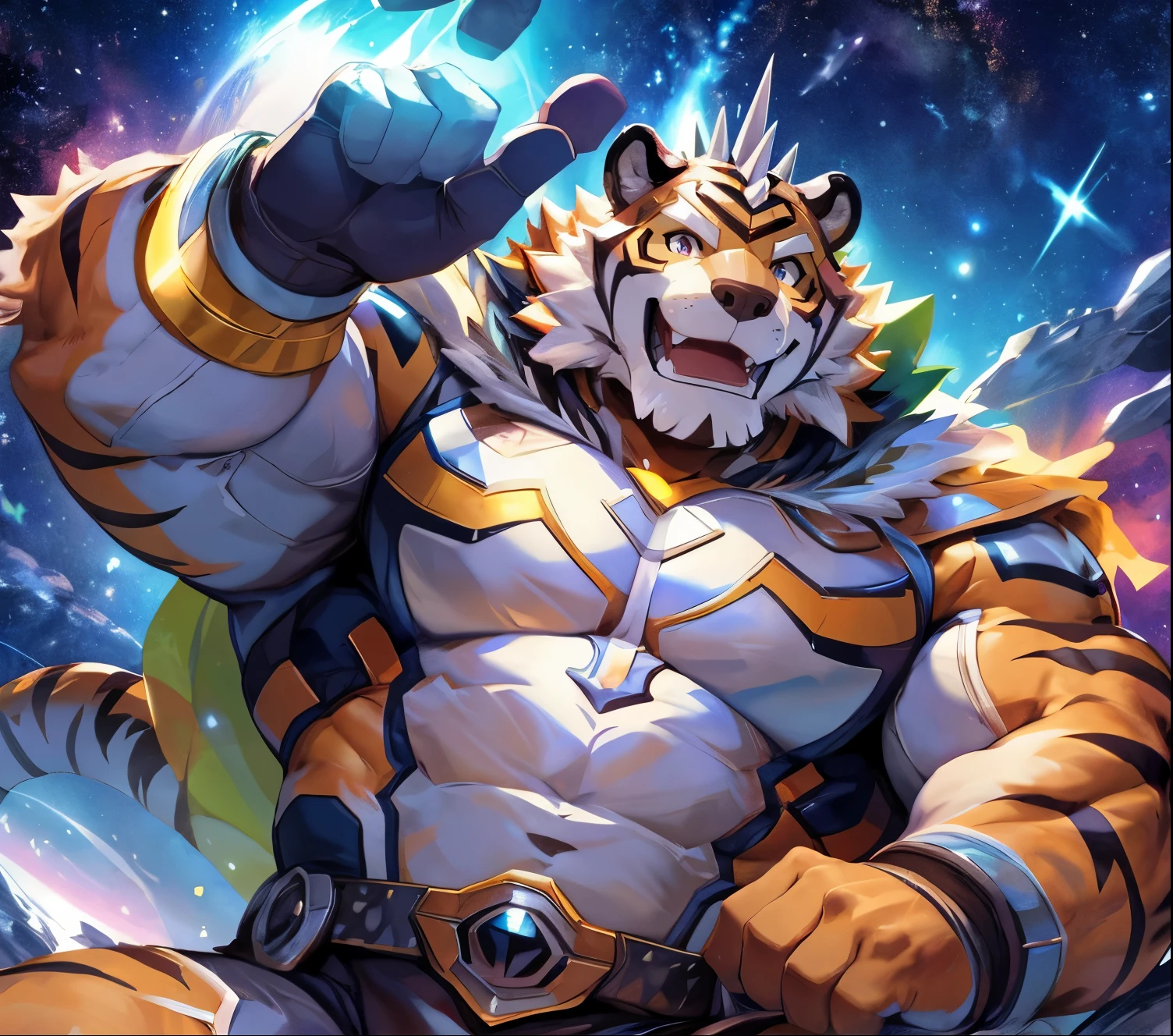 masterpiece,high quality,anime,detailed eyes,furry male White Tiger, Ryekie, Great physique,strong arms manly, in Outer space, sit on Planet, Heroes suit, (Night), Shimmering Stars, Surrounded by colorful stars, Joyful, by null-ghost,by pino daeni