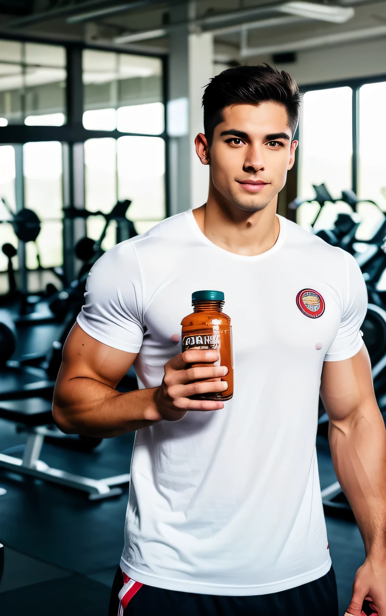 Male athlete, 25 years old, brunette, muscular body, wearing a T-shirt, originally from Peru, standing in the gym, upper body in the photo, ultra-realistic, holding a jar of vitamins, standing in full-face, upper body, in the gym, showing a jar of vitamins , realistic, photo, holding a jar of vitamins , realistic, photo, holding a jar of vitamins
