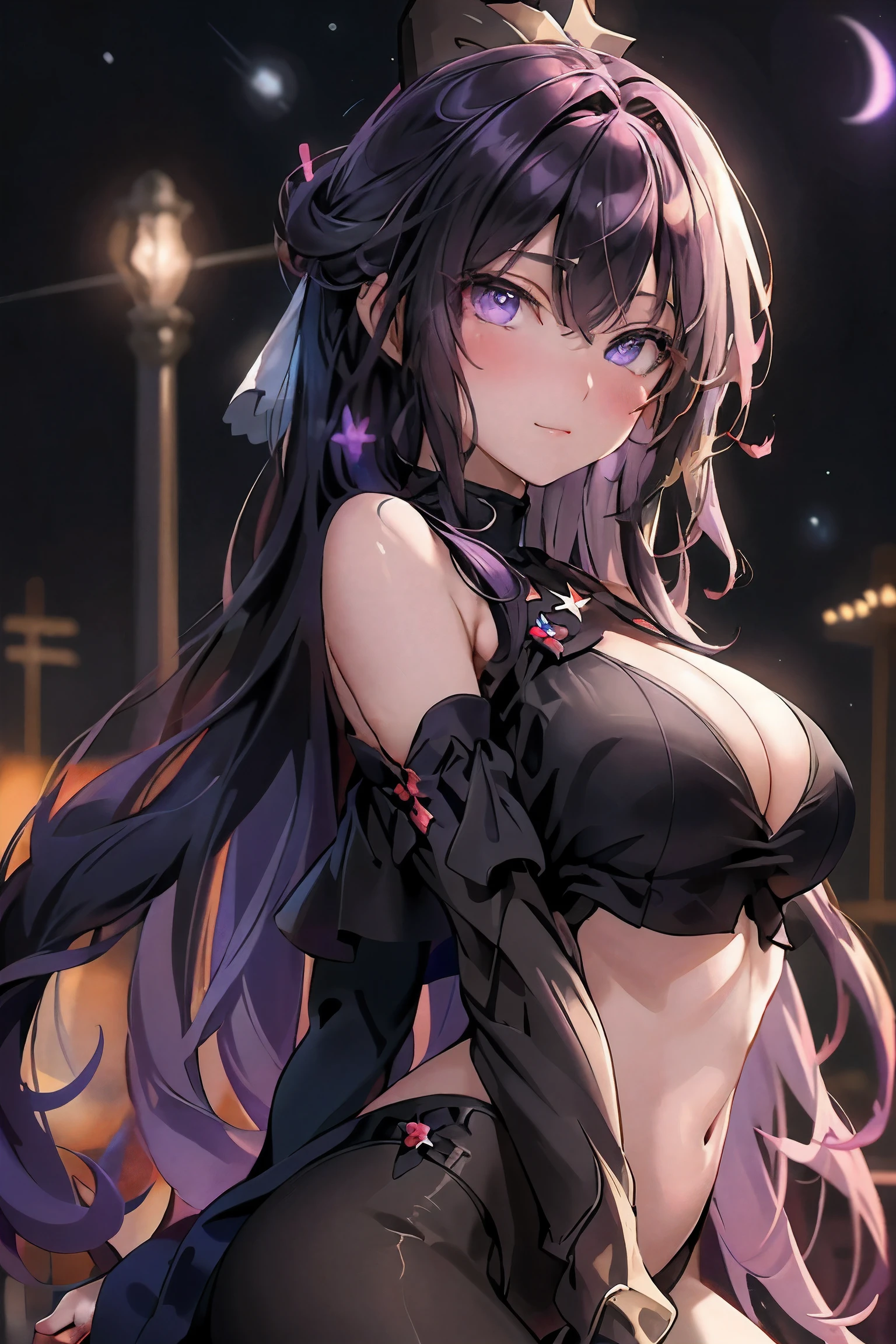 ((Best quality)), ((Meisterwerk)), (detailliert), perfektes Gesicht, sehr detailliertes Gesicht, pretty purple eyes, cute sexy anime girl long hair, different phantasie dimension, outside, detaillierte sternennacht mit sicht auf andere galaxien, halfnaked
