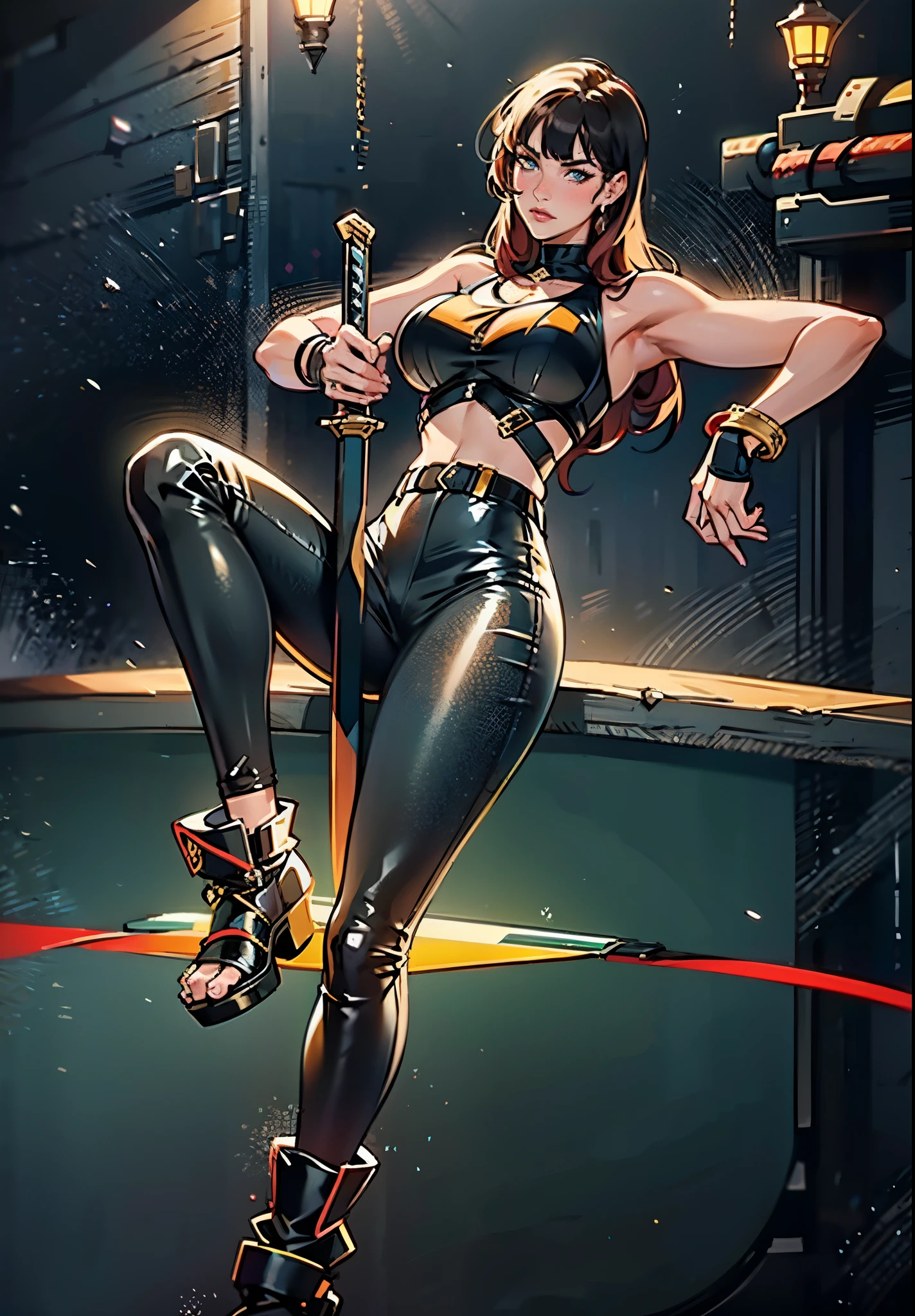 A beautiful woman with long shiny black hair, choppy bangs, a delicate face, a cold proud gaze, a fit figure, a fantasy-style high-necked leather breastplate top, sleeveless, exposes her waist, a bracelet adorns her wrist, tight-fitting leather pants, her right hand holds a longsword with a blue scabbard, she lounges casually sitting, this character embodies a finely crafted fantasy-style bounty hunter in anime style, exquisite and mature manga art style, (Alexandra Daddario:1.2), high definition, best quality, highres, ultra-detailed, ultra-fine painting, extremely delicate, professional, anatomically correct, symmetrical face, extremely detailed eyes and face, high quality eyes, creativity, RAW photo, UHD, 32k, Natural light, cinematic lighting, masterpiece-anatomy-perfect, masterpiece:1.5