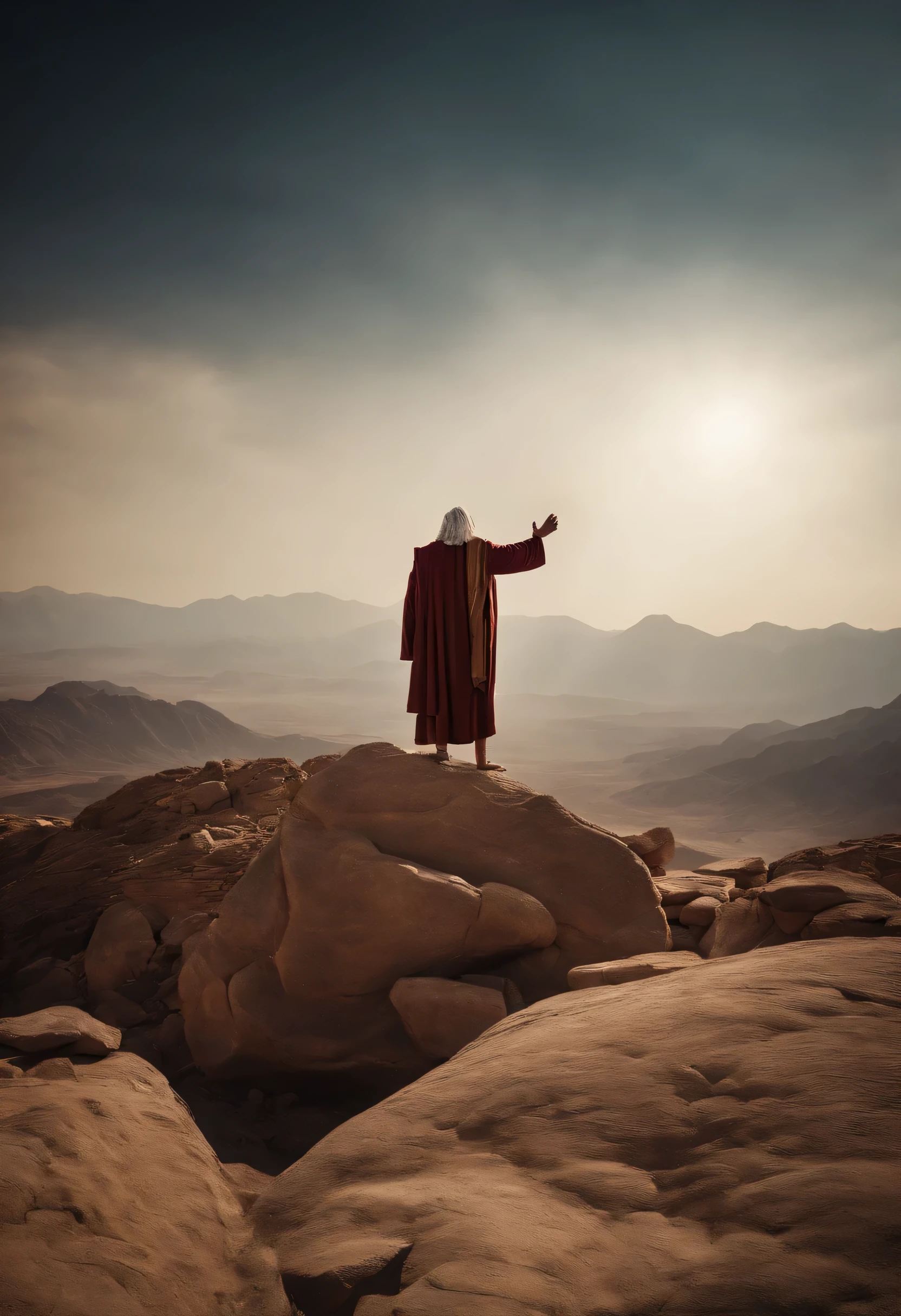 The Ten Commandments of Moseoses tablet、Moses standing on top of Mount Sinai