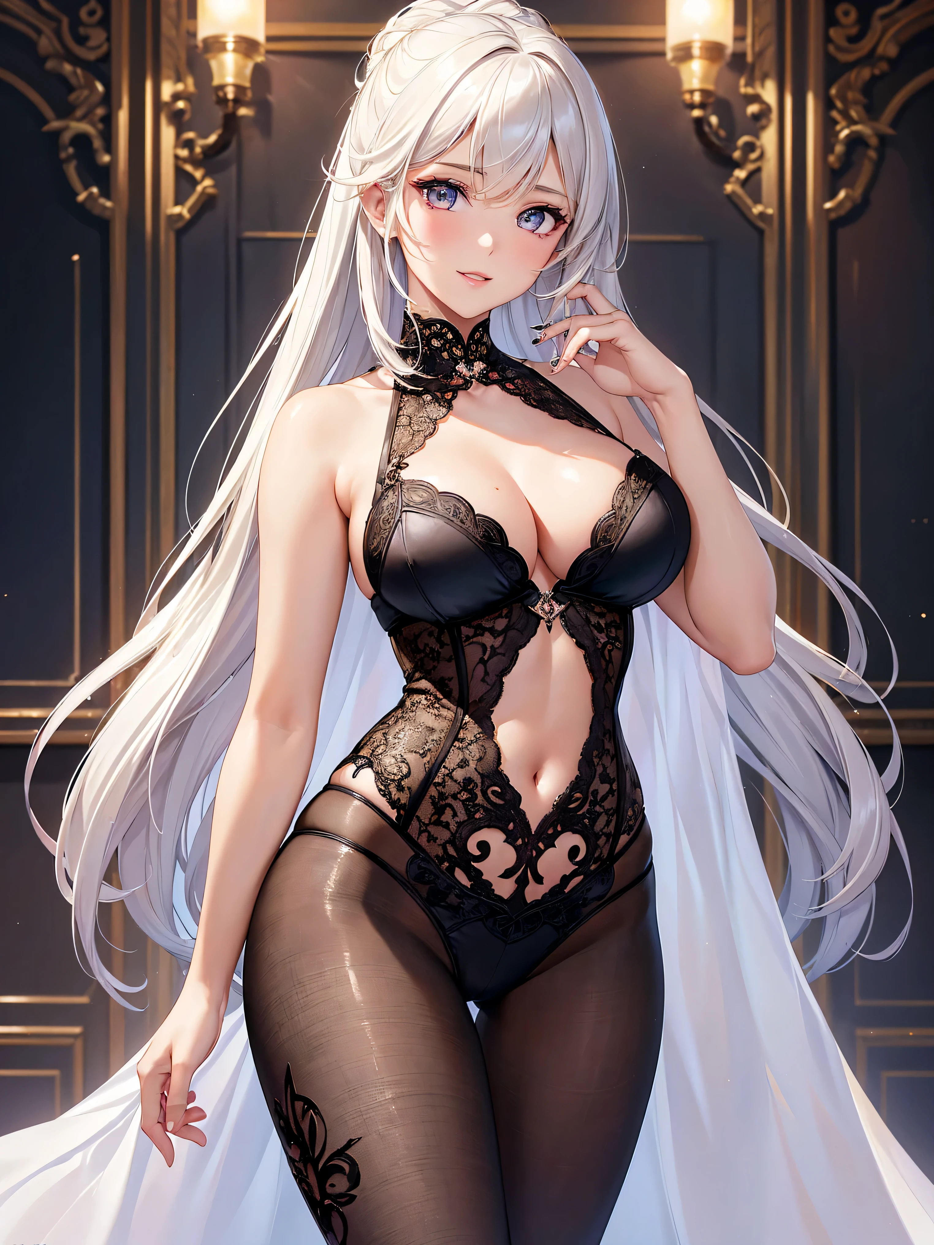 ((highest quality)),(ultra high resolution),(Super detailed),(detailed description),((best CG)),(best work of art),super precision art,great drawing art,(Art with precise details:1.5), (1 Female Fashion Model:1.6),beautiful and well-shaped face:1.6,Sexy mesh lingerie with intricate details:1.7,full of confidence々Smile,shiny skin:1.6,Sexy poses to seduce:1.6,