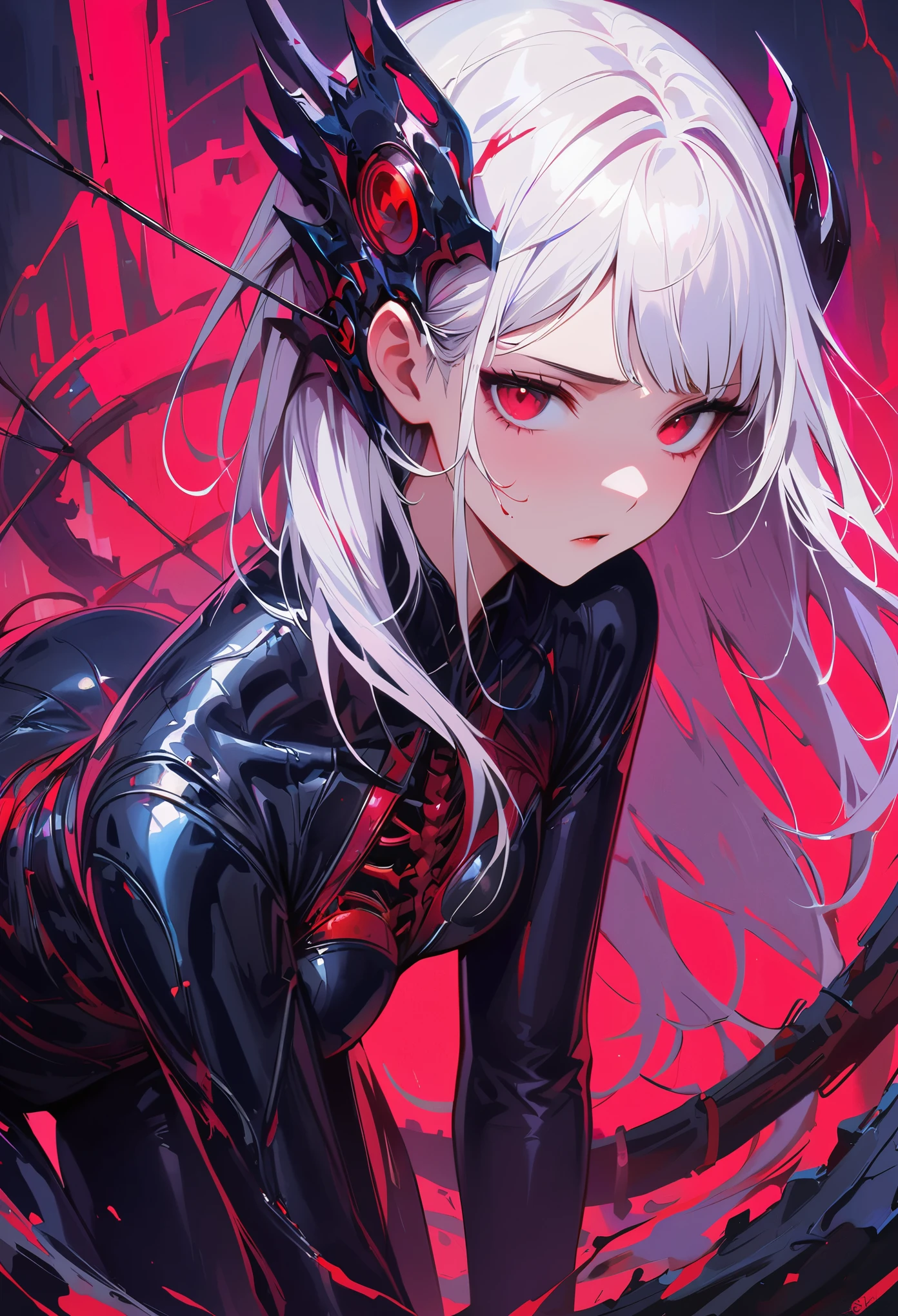 masterpiece， best quality， 8K， Digital painting， 1 girl， solo， stand up， youth， White hair， long white hair， hair accessories， red eyes， round pupils， Emotionless expression， blood stains， Mechanical Parts， electric wire， cable， failure effect， horrifying， science fiction， futuristic， Dark inside the background， neon lights， cyberpunk characters， Surreal， weird， Disturbing， spine-chilling， horrifying， jumpsuit，Red eyes，Venom Possession，blackened，Long black gloves，One-piece Pants，tight latex bodysuit，Highlight her graceful figure,wrap the whole body，symbiont，（（Raised sexy）），jumpsuit，Red eyes，Venom Possession，blackened，Long black gloves，One-piece Pants，Black latex clothing，Blood-red eyes，best quality, High resolution, Super detailed, Vivid textures, mask, tight latex bodysuit, Bangs,purple hair, blue eyes