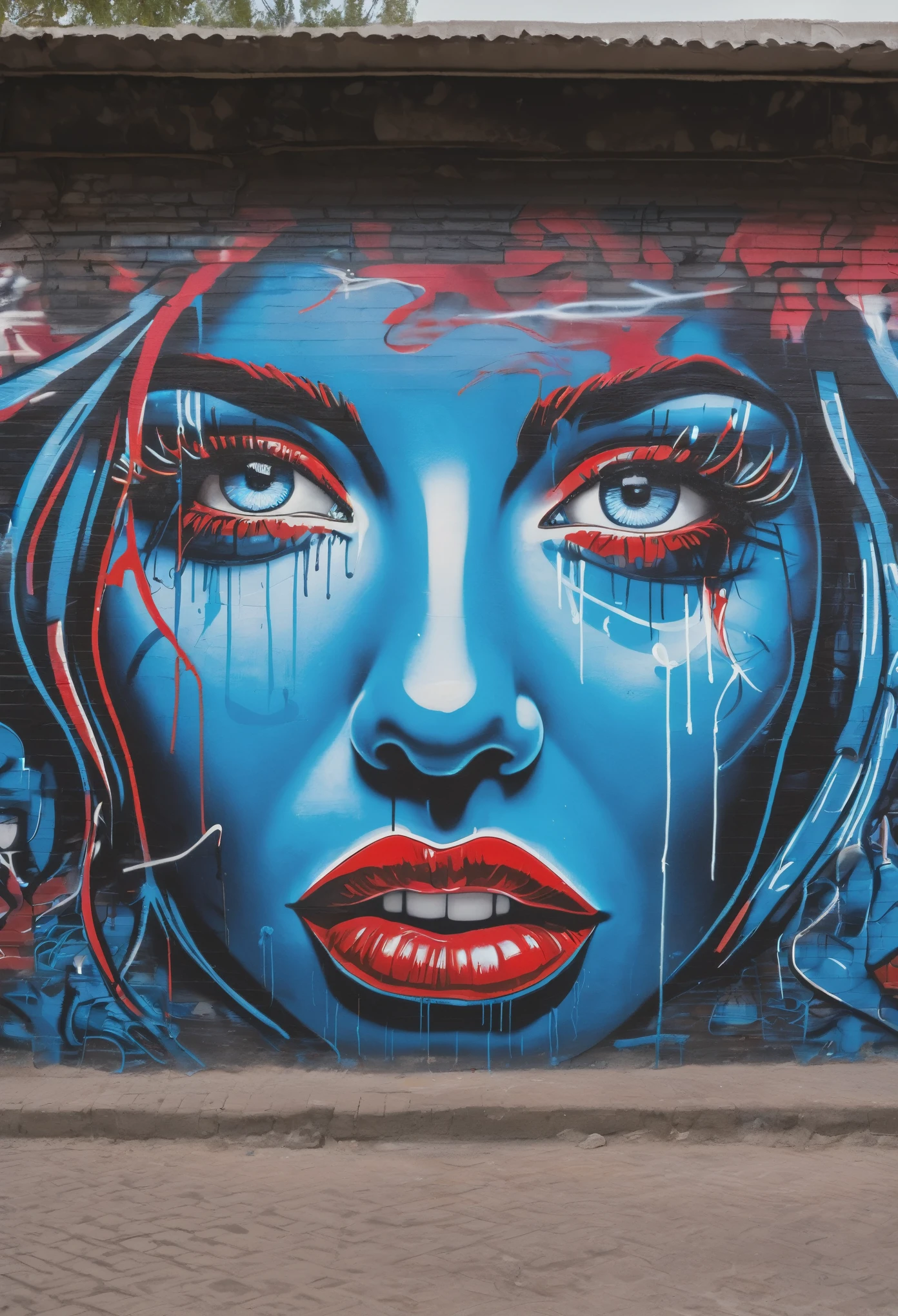 Graffiti on the wall, a woman's face, the outline of the eyes and mouth surrounded by neon, the outline of the eyes with blue neon, the outline of the mouth with red color, imersive background of a large bar hall, realistic,