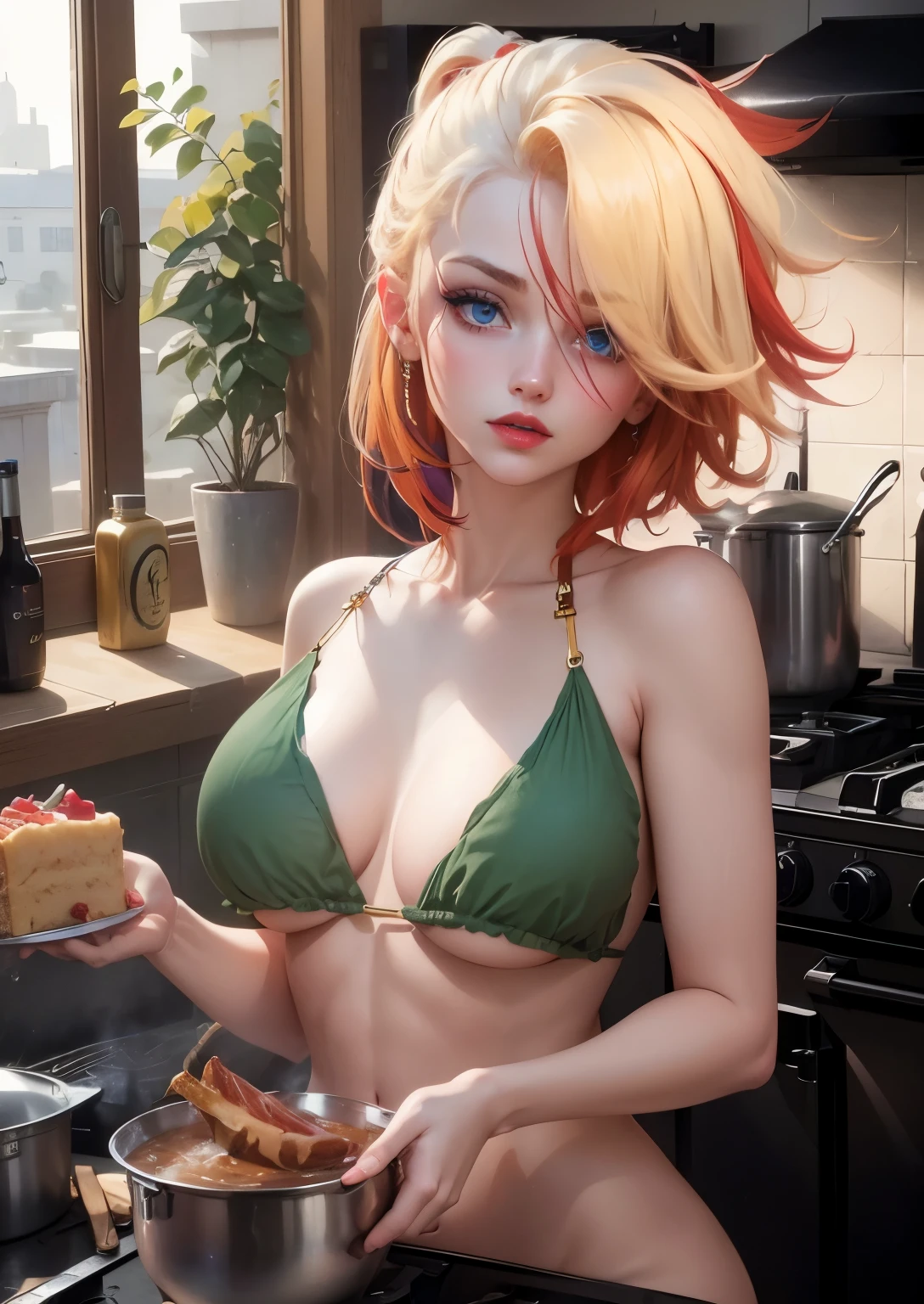 A girl with blue eyes, red& yellow hair, red lip,Big , wearing purple bikini,beautiful girl, amazing, masterpiece, realistic, 8k resolution, best quality, RAW photo