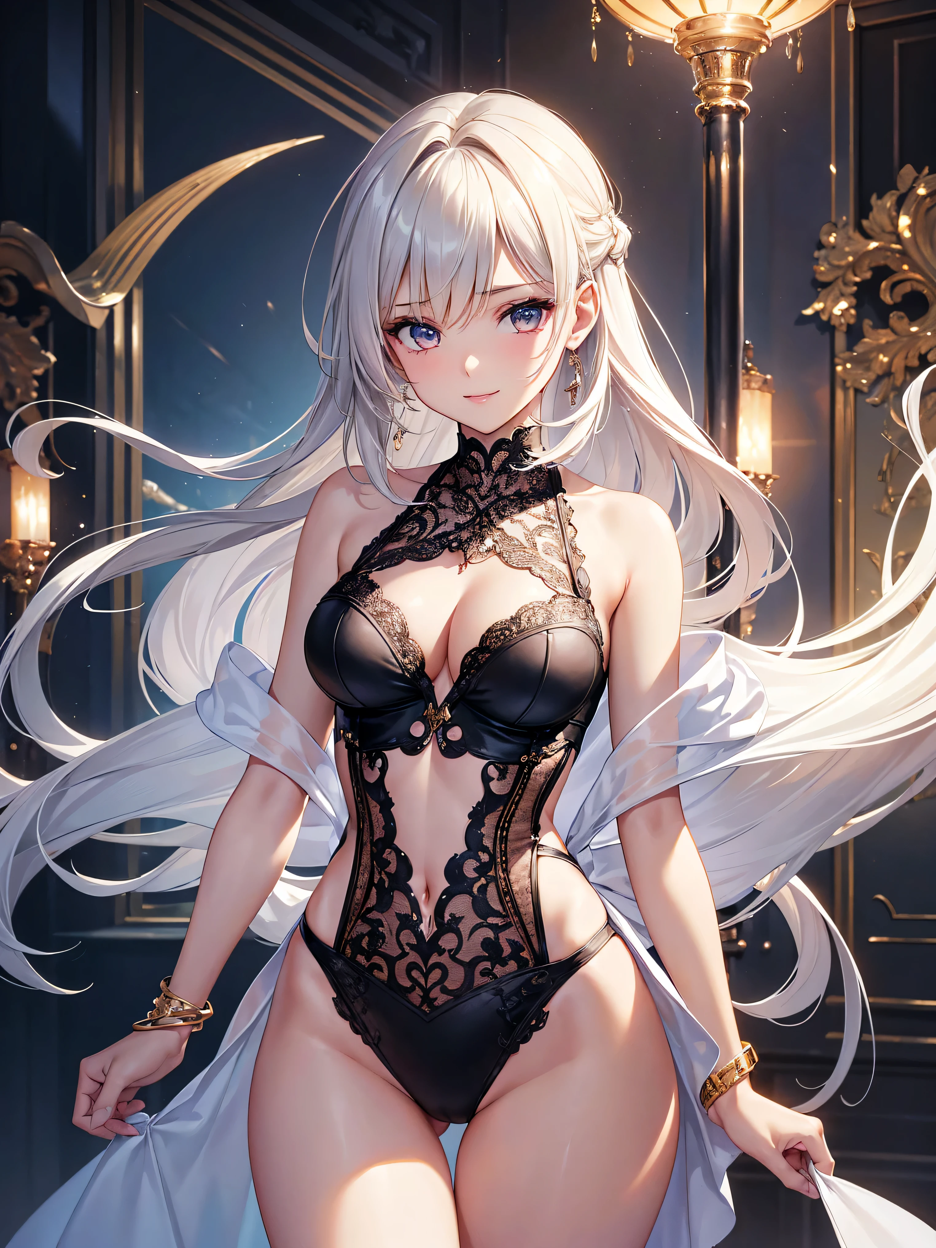 ((highest quality)),(ultra high resolution),(Super detailed),(detailed description),((best CG)),(best work of art),super precision art,great drawing art,(Art with precise details:1.5), (1 Female Fashion Model:1.6),beautiful and well-shaped face:1.6,Sexy mesh lingerie with intricate details:1.7,full of confidence々Smile,shiny skin:1.6,Sexy poses to seduce:1.6,
