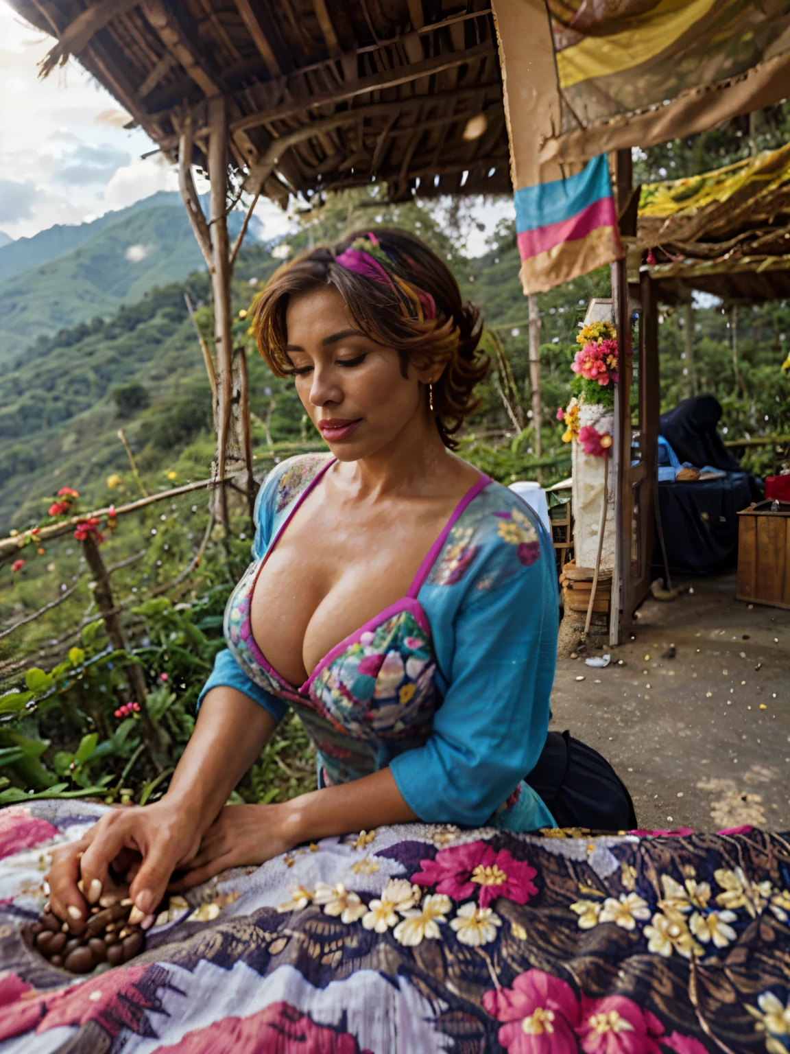 A Colombian mature lady dressed in colorful floral lingerie picking coffee beans in the mountains in the early morning hours 