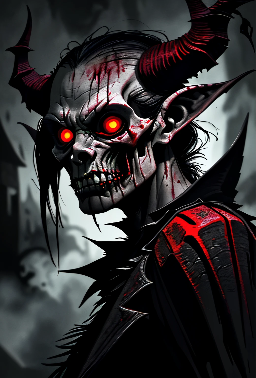 (best quality,4k,8k,highres,masterpiece:1.2),ultra-detailed,(realistic,photorealistic,photo-realistic:1.37),demon skull,horrifying details,fierce horns,dark and sinister aura,ominous red glowing eyes,detailed bone structure,sharp fangs and teeth,dark shadows,ethereal mist,gritty texture,gory and macabre,traces of decay,demonic essence,spooky atmosphere,nightmarish visage,grotesque and twisted features,evokes fear and dread,aggressive and intimidating expression,demonic presence,vivid colors,ominous lighting,skull bathed in blood-red glow,dark and foreboding backdrop,nightmarish vibes,ominous and haunting,gothic ambiance.